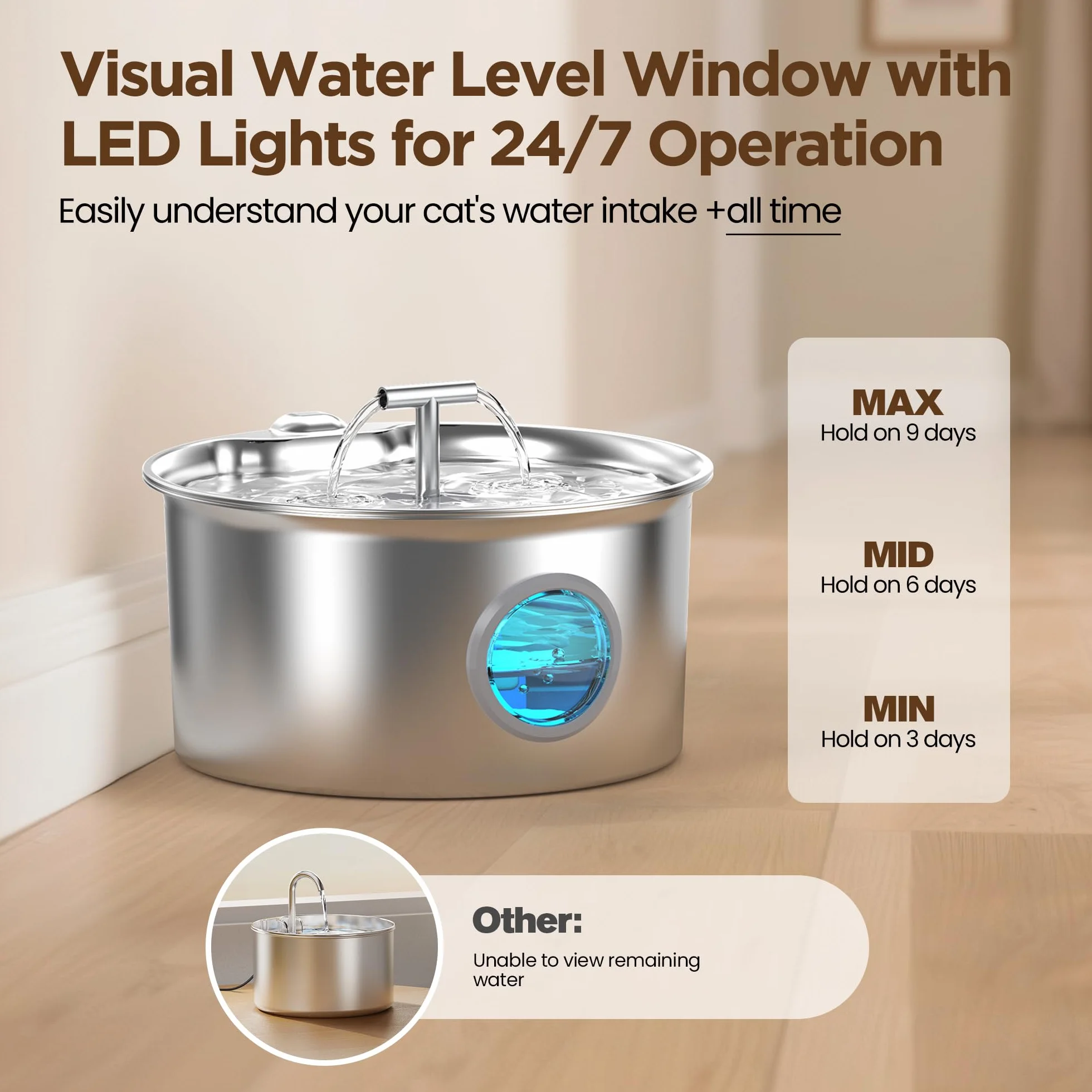 Fuente de Agua para Gatos de Acero Inoxidable: Fuente de Agua para Gatos - Fuente de Agua para Gatos de Interior - Cuenco Dispensador Automático de Agua para Mascotas