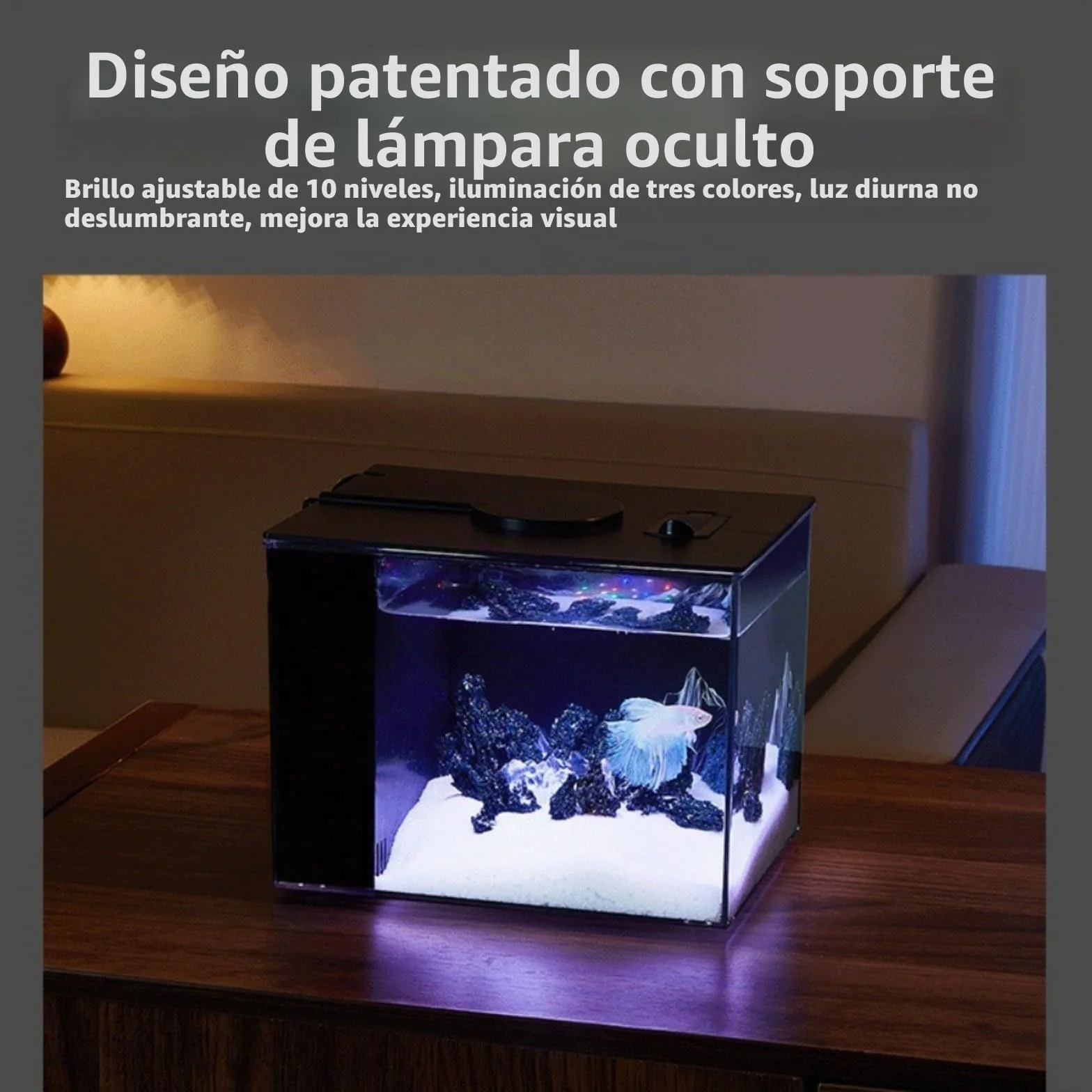 Acuario de mesa para el hogar con filtro lateral, filtración que mejora el oxígeno, bomba de flujo de 160 l/h, brillo ajustable de 10 niveles e iluminación LED (S)