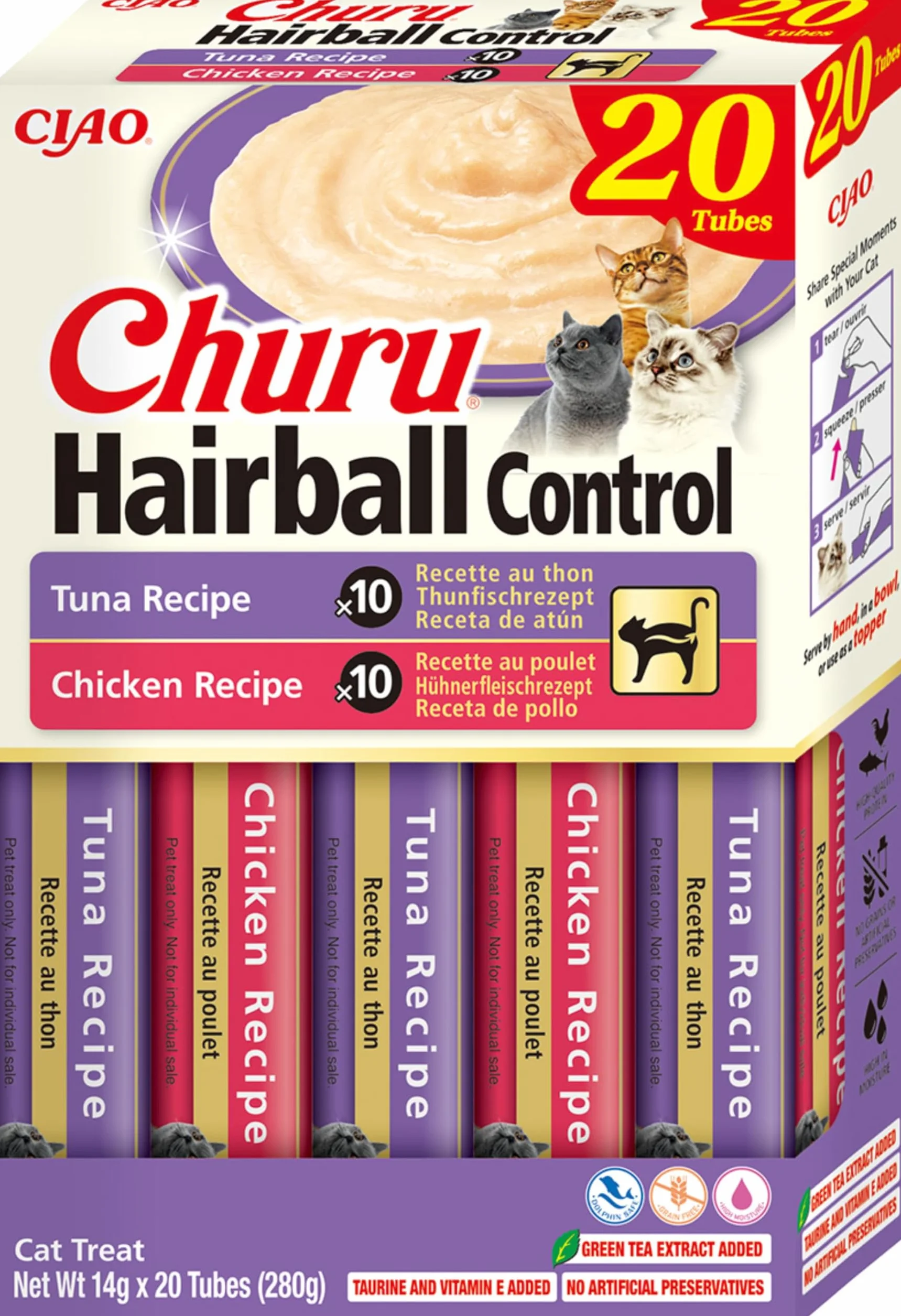 INABA Churu Hairball para Gatos - Snack Cremoso para Prevenir Las Bolas de Pelo - Recetas de Atún y Pollo - Premios Saludables con Omega 3 y 6 - Sin Conservantes ni Colorantes - 280 g (20 x 14 g)