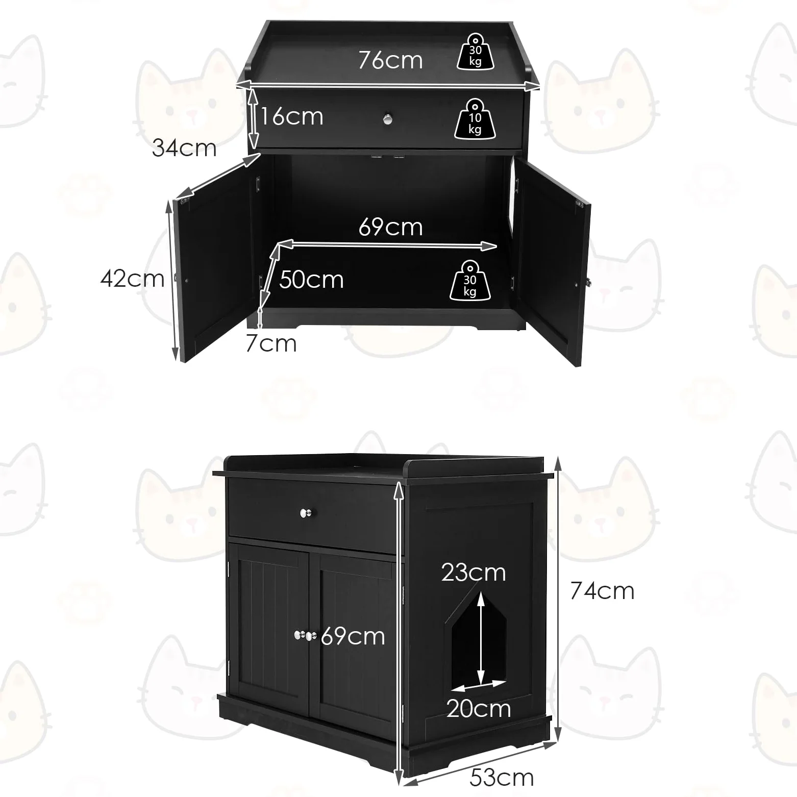 GOPLUS 3 en 1 Mueble Arenero para Gatos, Caja de Arena para Gatos con Cajones, Aseo Cerrado para Gato con Puertas Dobles y Agujeros, Casa de Mascotas Interior, Mesa Auxiliar con Lavabo Oculto (Negro)