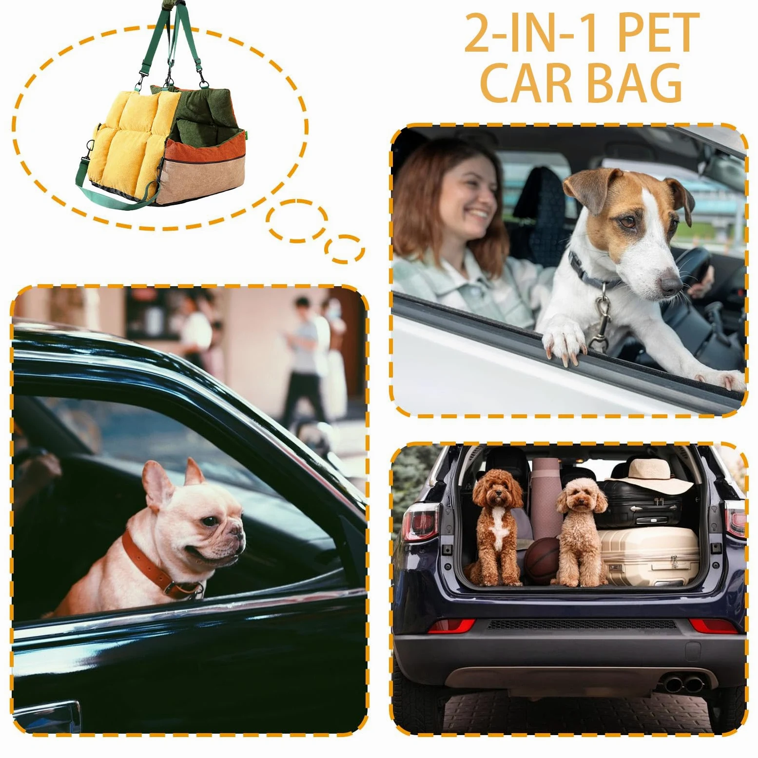 Asiento De Coche Del Perro Con Bolsillos Y Cinturón De Seguridad Suave Cama 2 En 1 | Asiento De Coche Para Viajes SUV Asiento Delantero Y Trasero Viaje por Carretera Diario Viaje Cachorro Compras