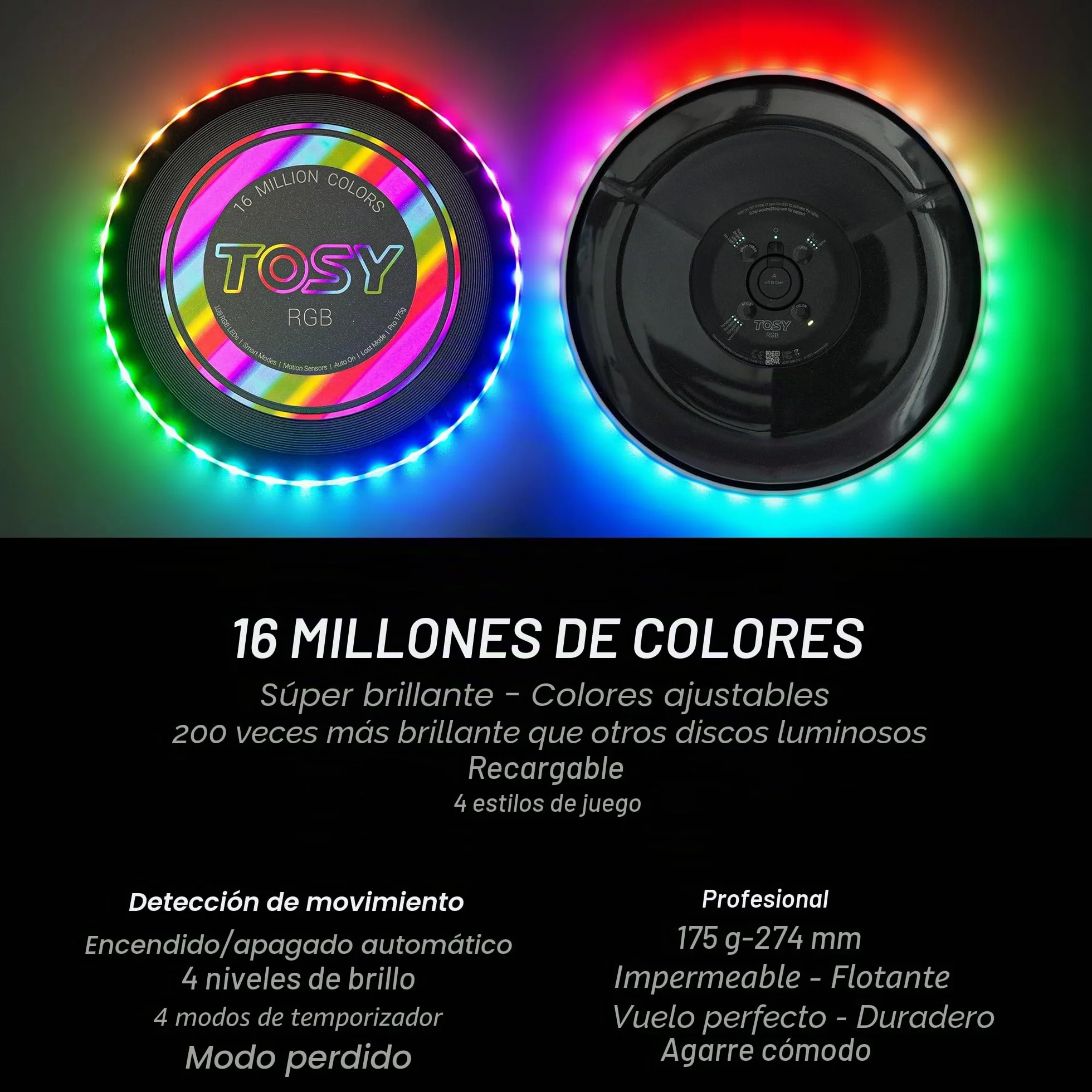 TOSY Flying Disc RGB LED 16 Colores Brillante Modos Inteligentes Recargable Frisbee 175g