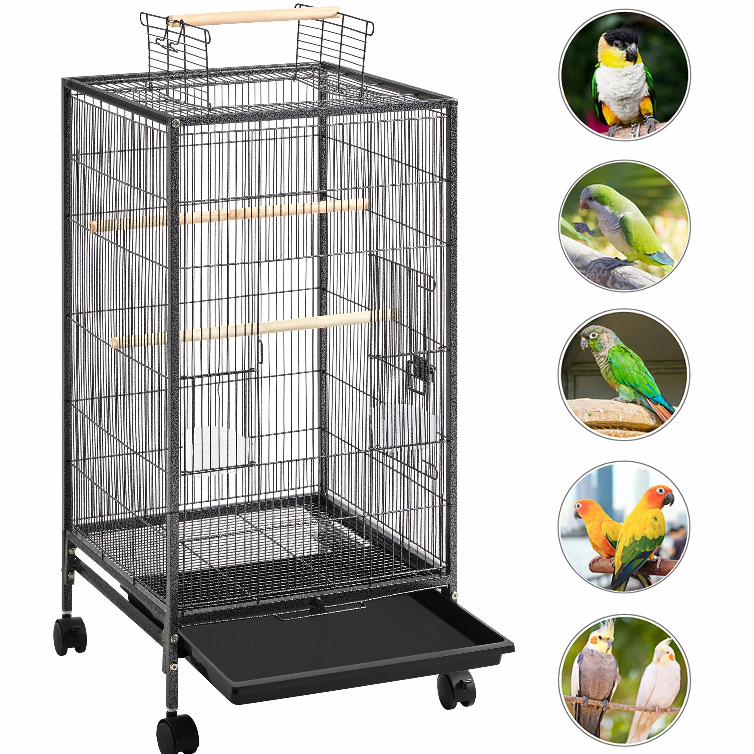 Yaheetech Jaula para Pájaros Jaula con Ruedas para Mascota Aves Loros Canarios Jaula Metálica 45,5x45,5x100,5 cm