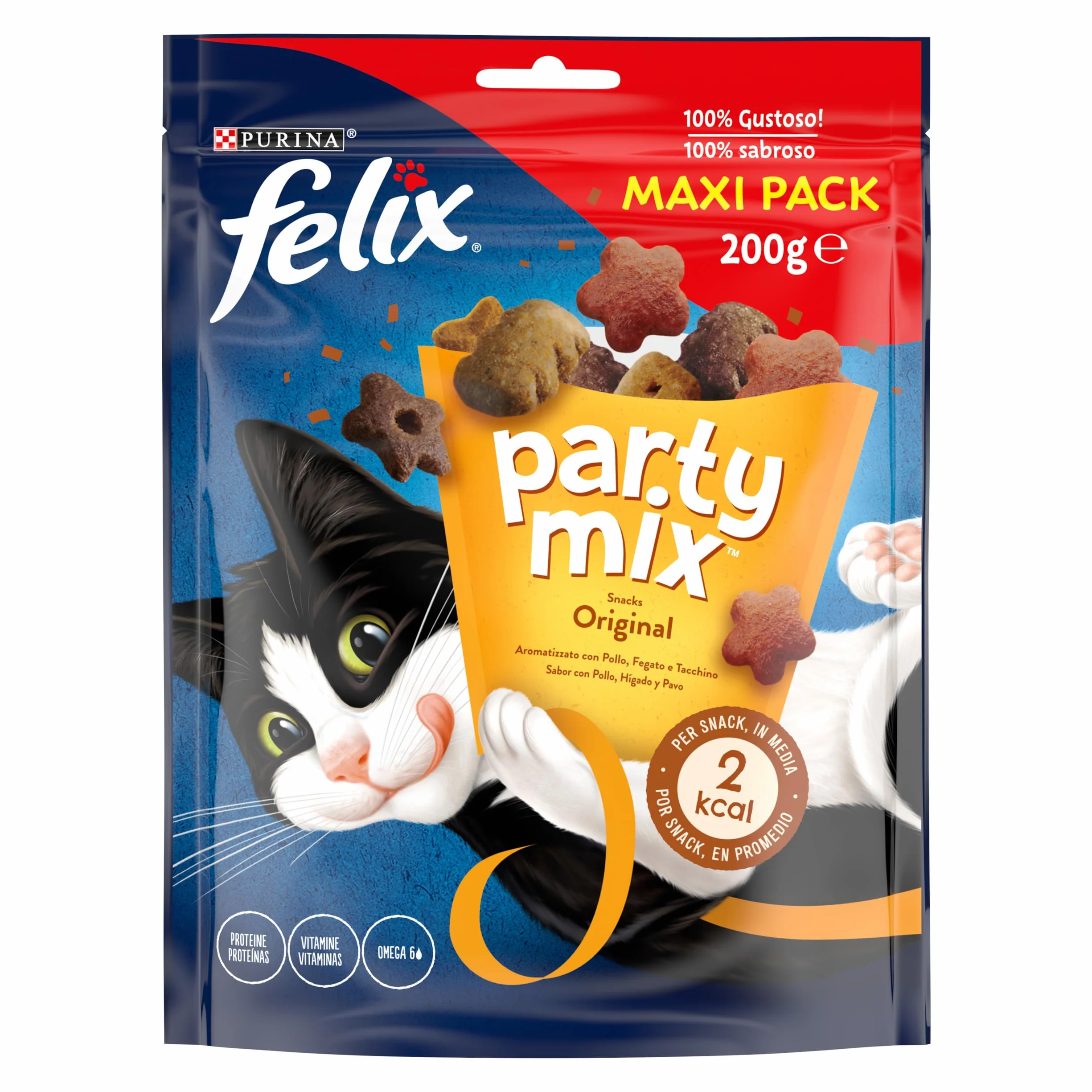 Purina Felix Party Mix Original, Snack para Gato Adulto, Premio para Gato con Pollo, Higado y Pavo, Pack de 5 Bolsas de 200g