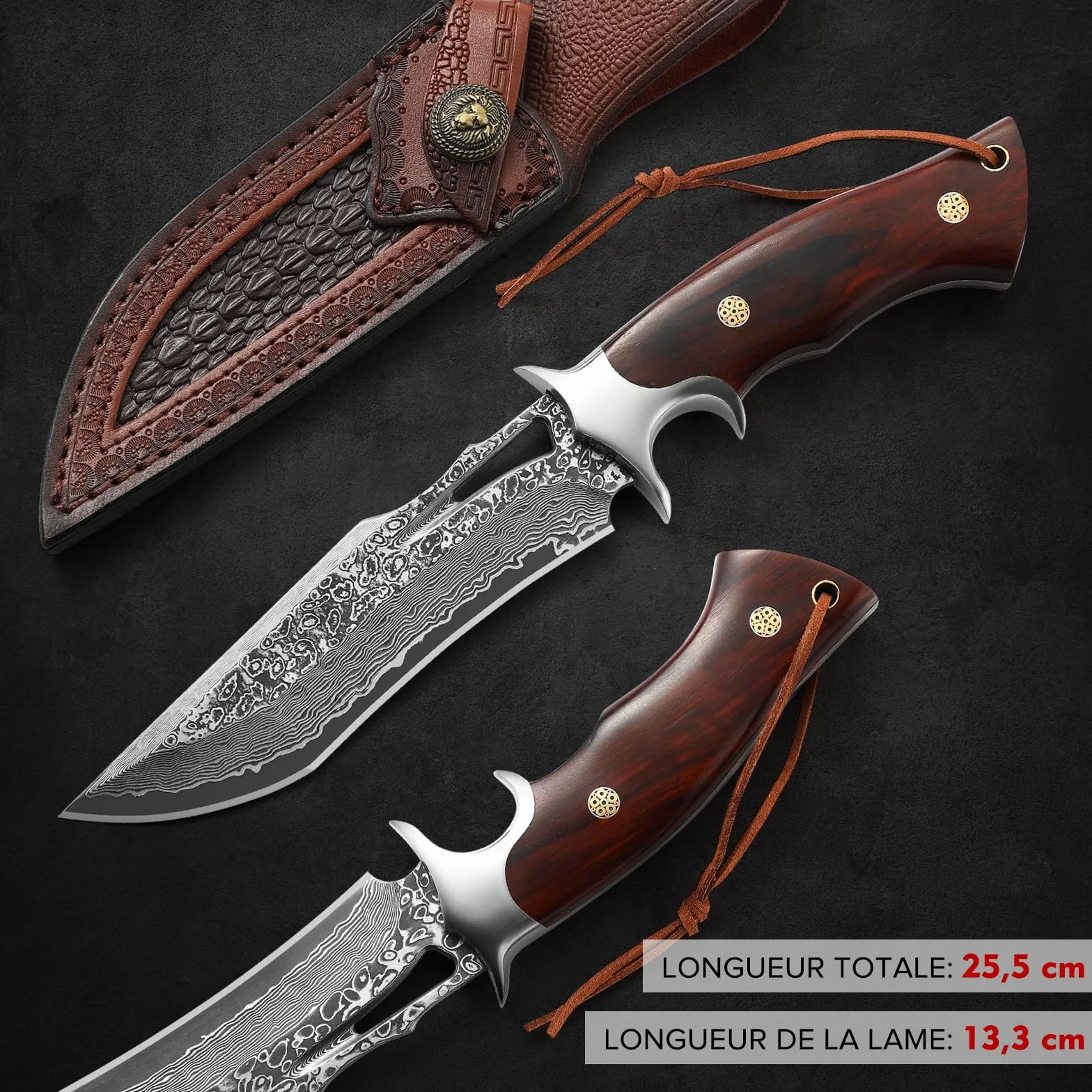 Omesio Cuchillo de Supervivencia Damasco Acero Hoja Funda Incluida Mango Madera Estilo Japonés