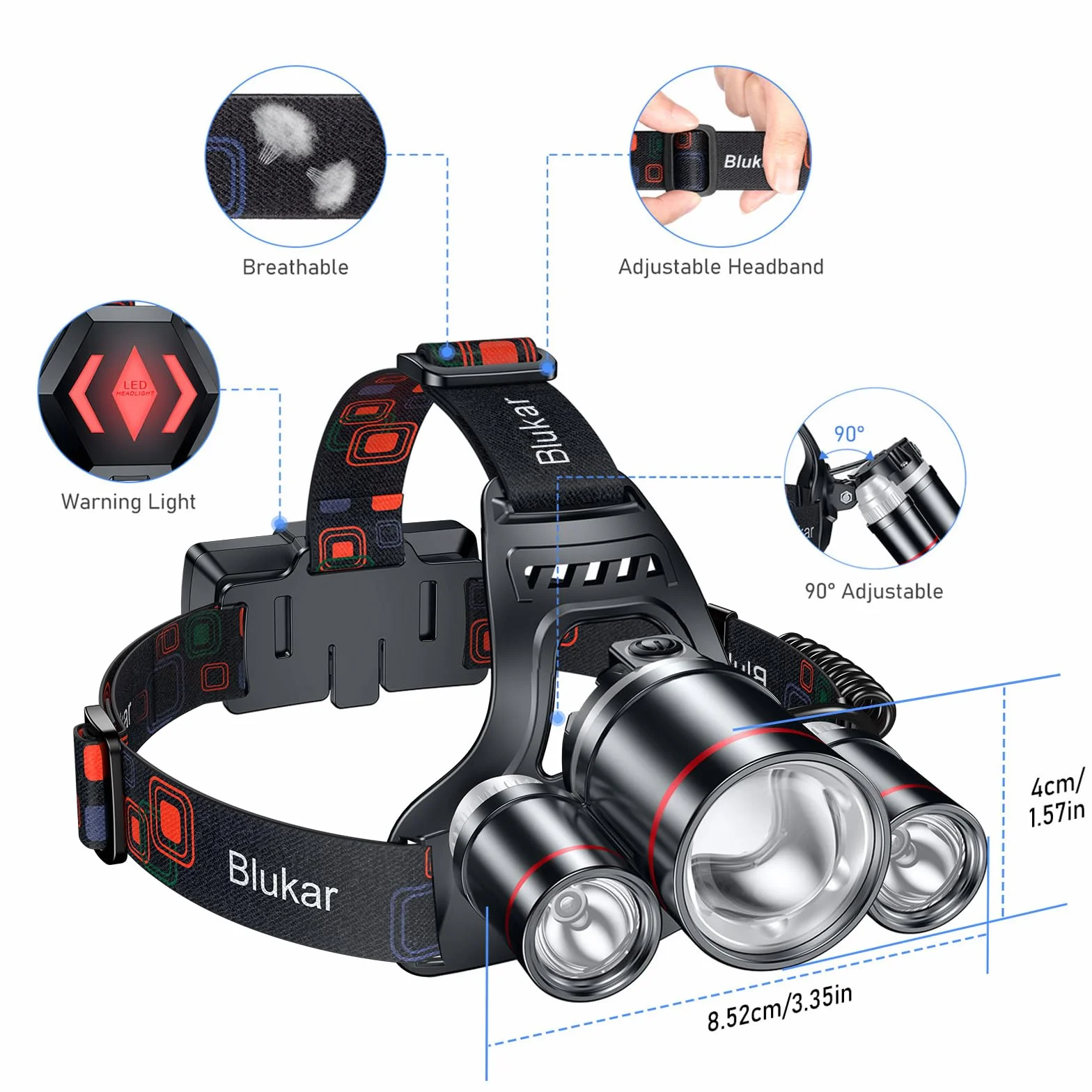 Blukar Linterna Frontal LED Recargable 8000L Superbrillante Impermeable IPX6 90° Ajustable 5 Modos de Luz Roja