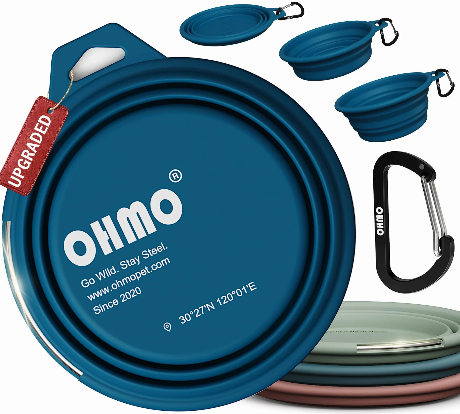 OHMO Bebedero Perro Portátil con Anillo de Acero Inoxidable Integrado (800ml, Azul Pavo Real), Cuenco Plegable de Agua de Silicona para Perros Medianos y Grandes, Cuencos Portátiles de Viaje Plegables