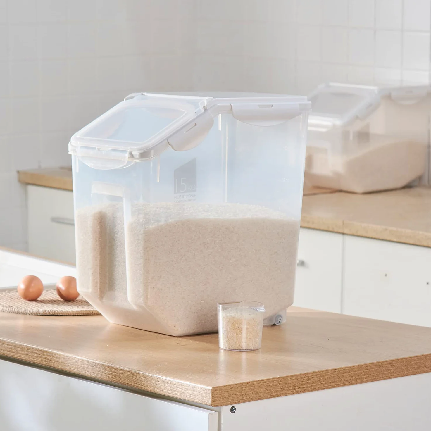 HANAMYA Contenedor de almacenamiento de alimentos con taza medidora, sin BPA, 80 tazas, para arroz, grano, comida para mascotas, harina, transparente, 2 unidades