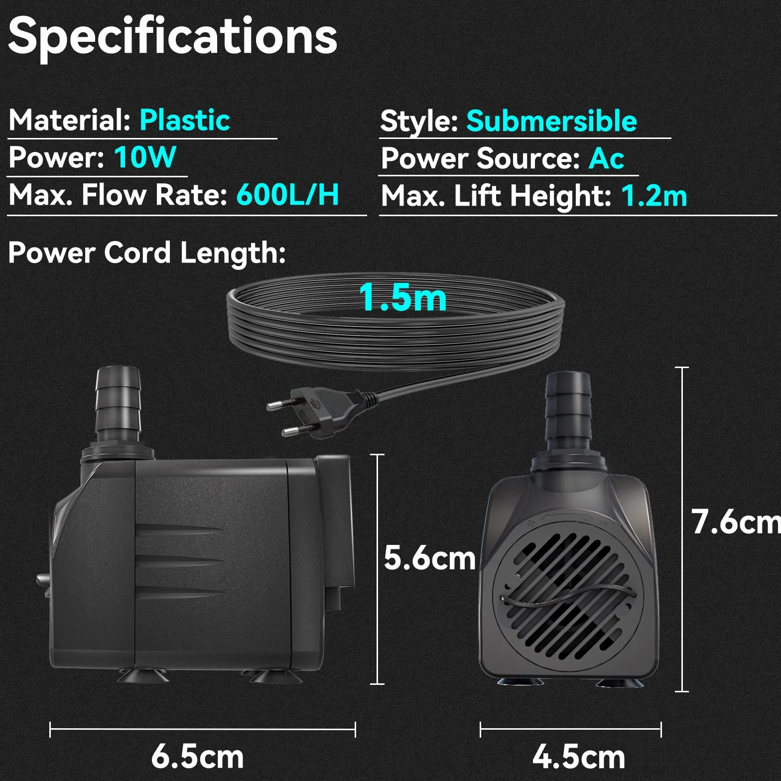 Bomba de Agua Sumergible 10W 600L/H, con Protección contra Sobrecalentamiento, Funcionamiento Ultrasilencioso. Para Estanques, Acuarios y Sistemas Hidropónicos. Incluye Cable de 1.5m Caudal Ajustable.