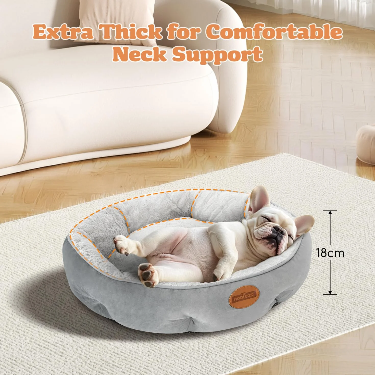 Nobleza Cama para Perros Pequeños, Cama Lavable para Mascotas, Sofá Redonda de Perros y Gatos Antideslizantes y Antiestres, Felpa Suave y Mullida, Bordes Elevados, Gris, Ø80 x 18 cm