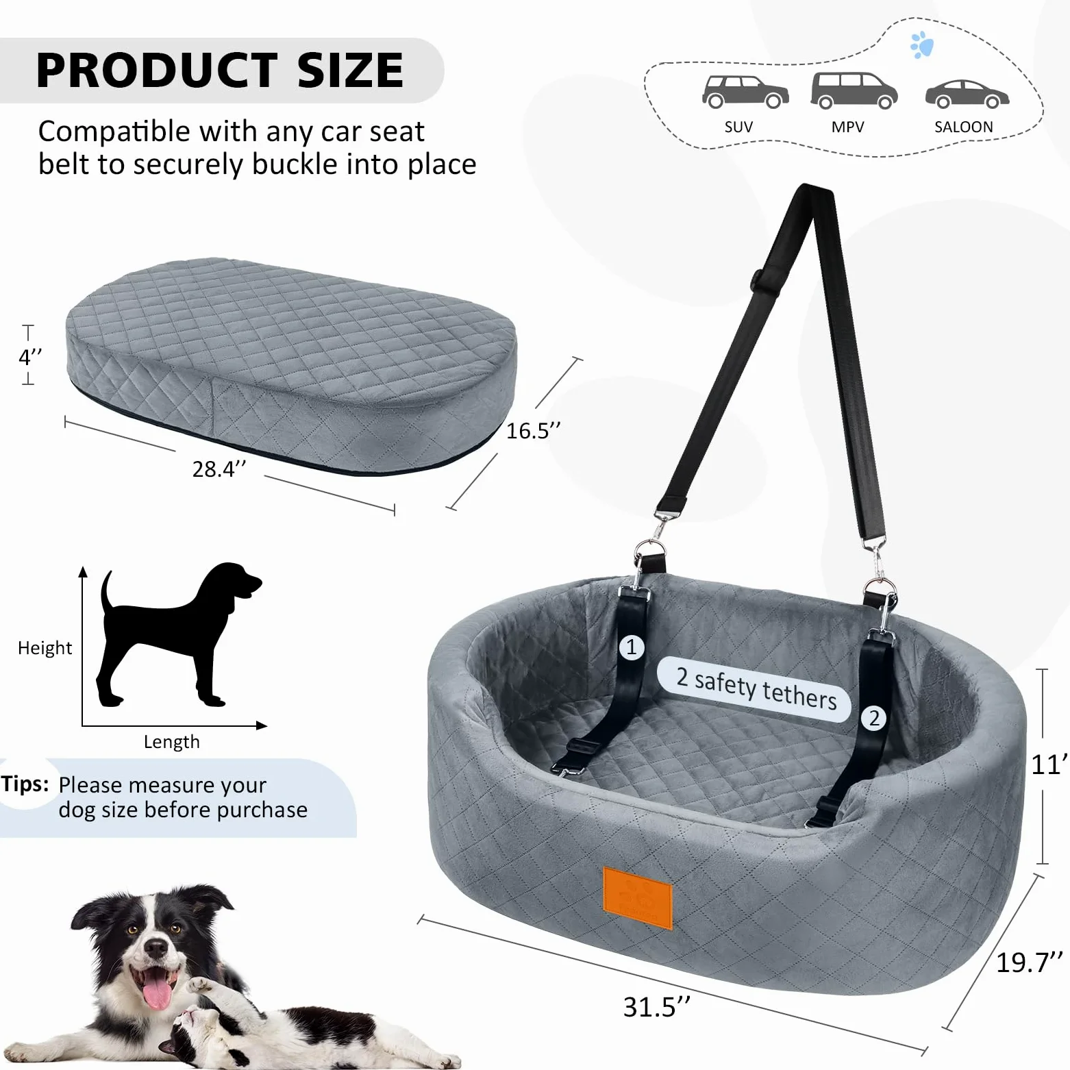 Asiento de coche para perros grandes/medianos de menos de 55 libras, cama de viaje con asiento elevador grueso lavable para mascotas con base antideslizante, se adapta a SUV y asiento trasero de