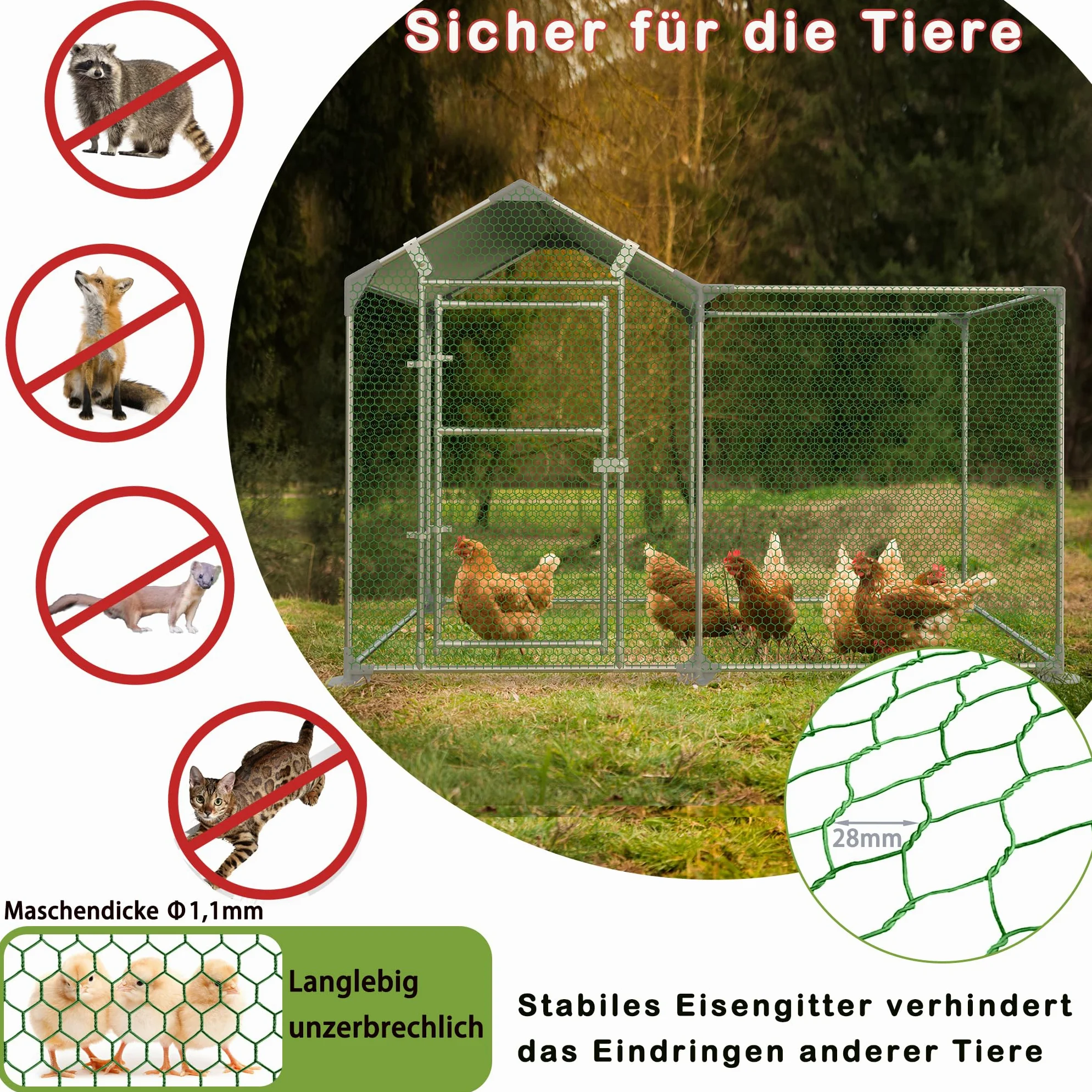 LILIIN Gallinero de 2 x 1 x 1,4 m, Acero Galvanizado, Jaula para Gallinas, Patos, Conejos y Gansos, Cercado al Aire Libre con Cerradura, Aviario para Aves de Corral y Animales Pequeños, Color Verde