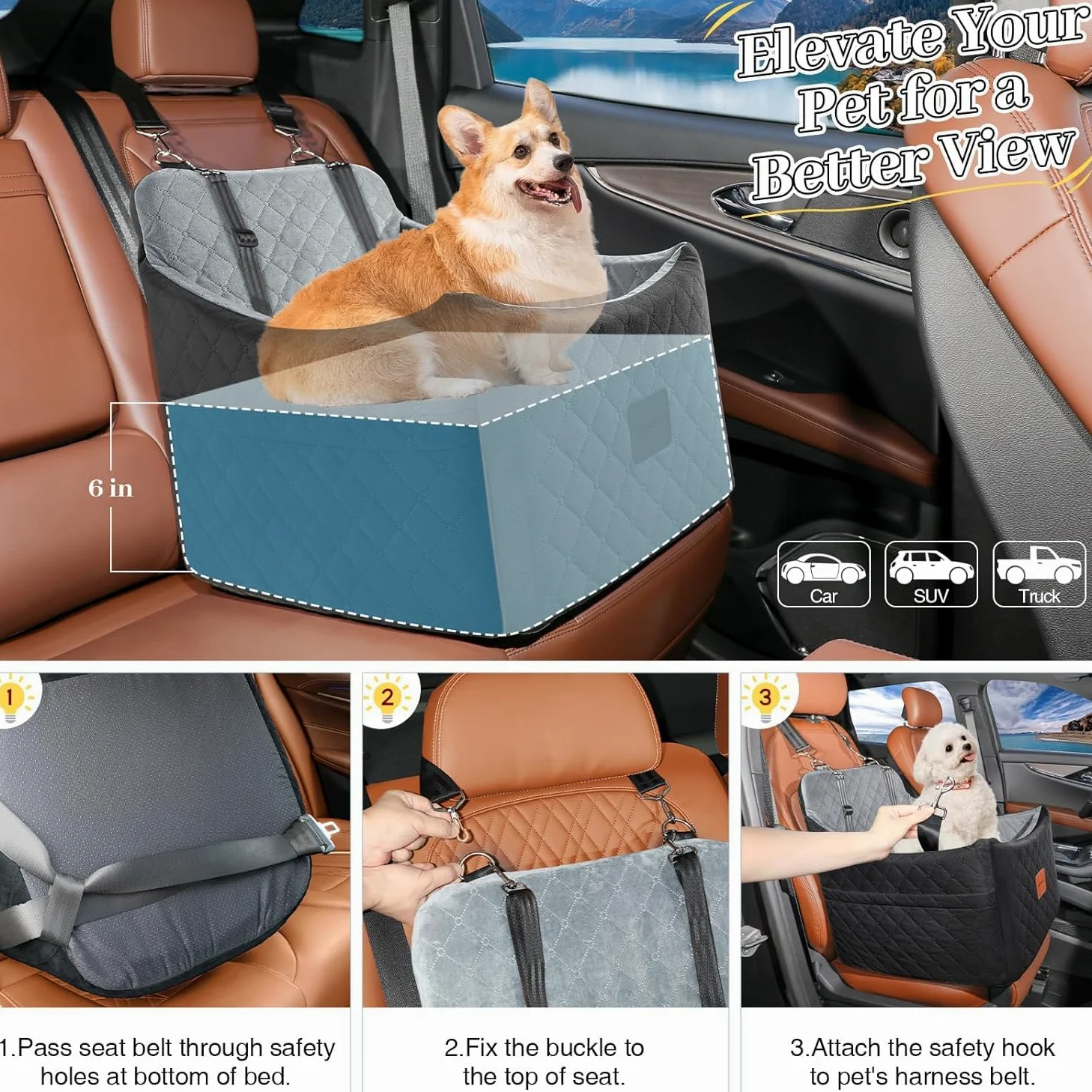 Asiento elevador de coche para perros de hasta 35 libras, asientos de seguridad para mascotas con canal para cinturón de seguridad, tela ultrasuave con espuma viscoelástica, lavable y