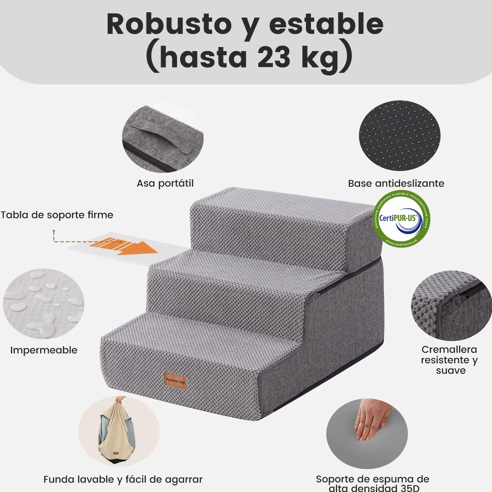 Gardner Pet Escalera para Perros Grade 3 de Espuma de Alta Densidad, 58 cm de Ancho, con Funda extraíble, Antideslizante, facilita el Acceso de Las Mascotas a sofás y Camas - Gris