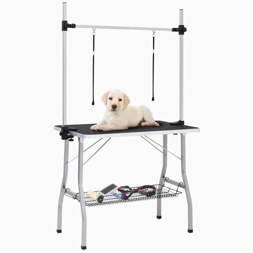 Mesa de corte ajustable para perros y gatos con 2 trabillas, cesta plegable, superficie antideslizante, horca de altura ajustable, patas de acero, ideal para el aseo y el corte