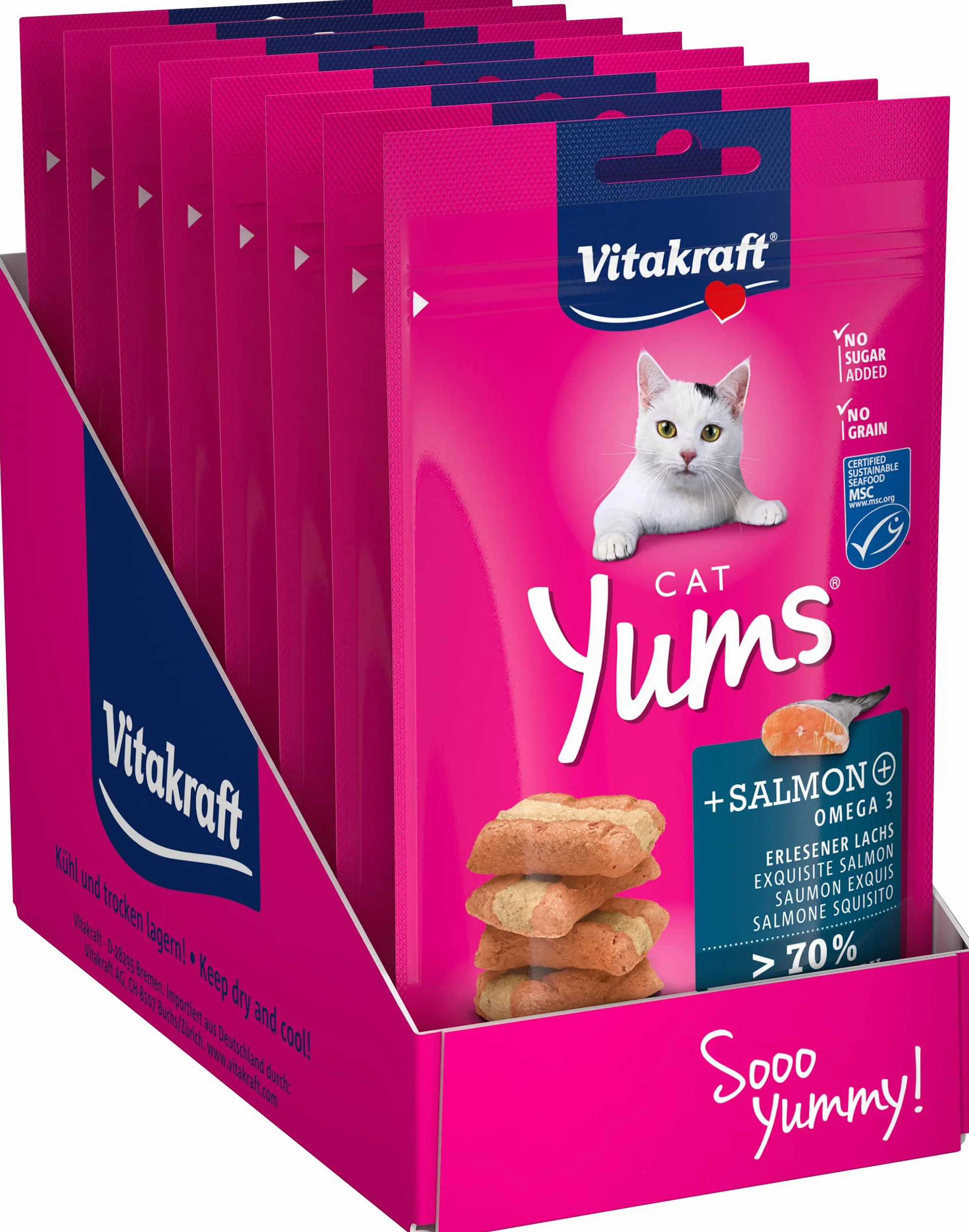 Vitakraft Cat YUMS, golosinas para Gatos, Snack Blando para Gatos Relleno de salmón, en Bolsa resellable, tamaño Almacenamiento, sin azúcar añadido (9X 40g)
