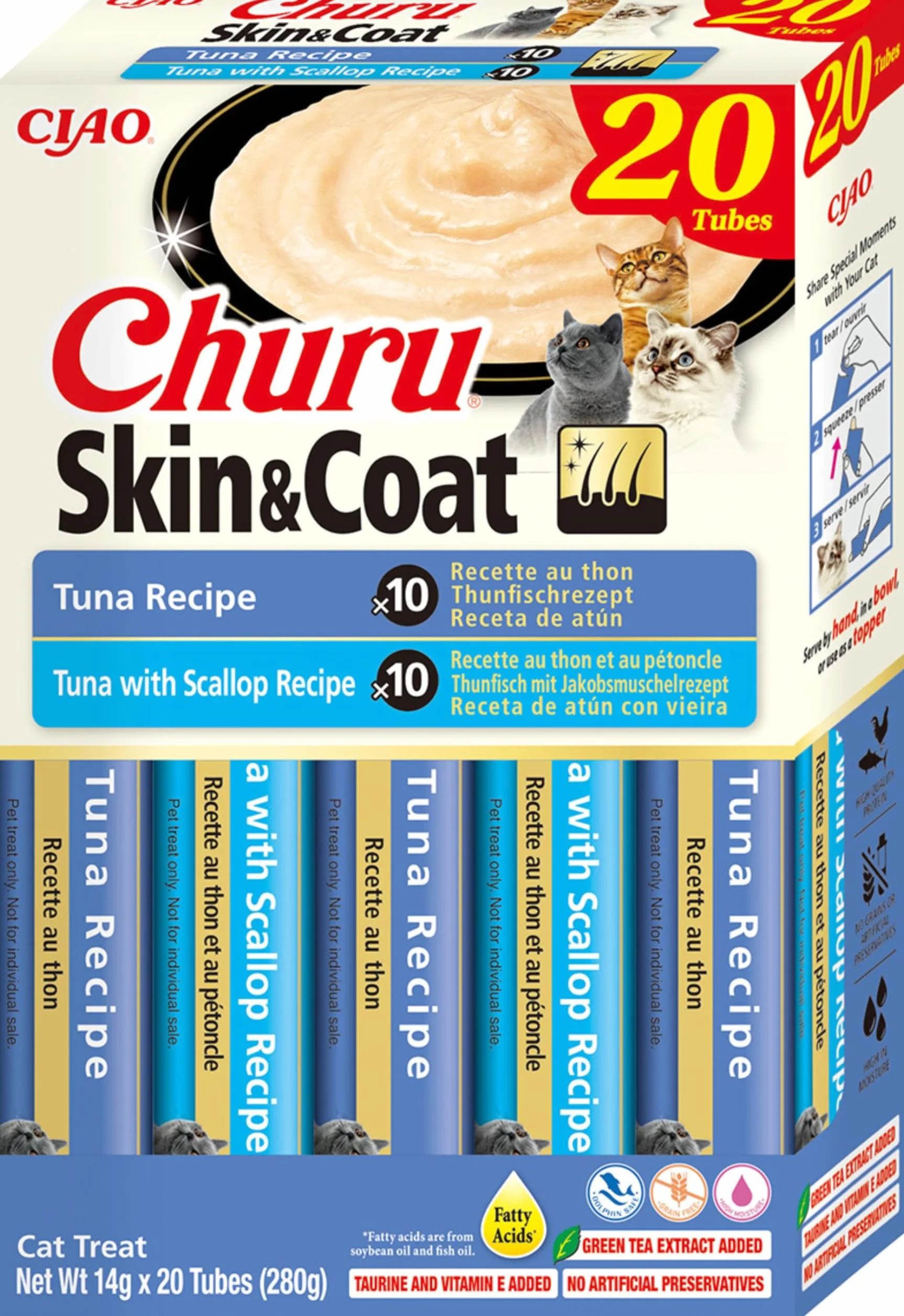 INABA Churu Skin&Coat para Gatos - Snack Cremoso para el Cuidado de la Piel y el Pelaje - 2 Recetas de Atún - Enriquecido con Omega 3 y 6, Taurina y Vitamina E - 280 g (20 x 14 g)