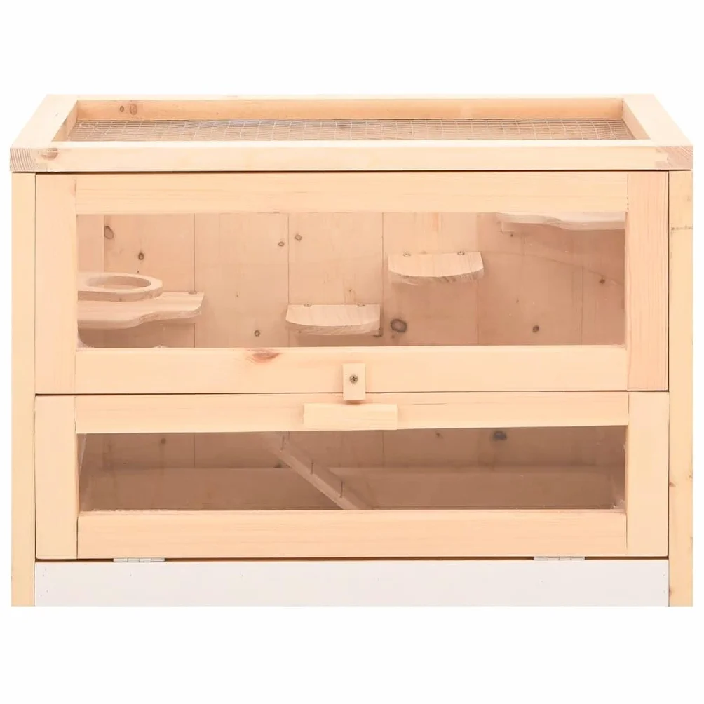 Jaula de hámster de madera maciza de abeto 60 x 35,5 x 42 cm con cristal frontal acrílico y techo de malla de alambre para cobayas, ratones, conejos y animales pequeños como salida segura y