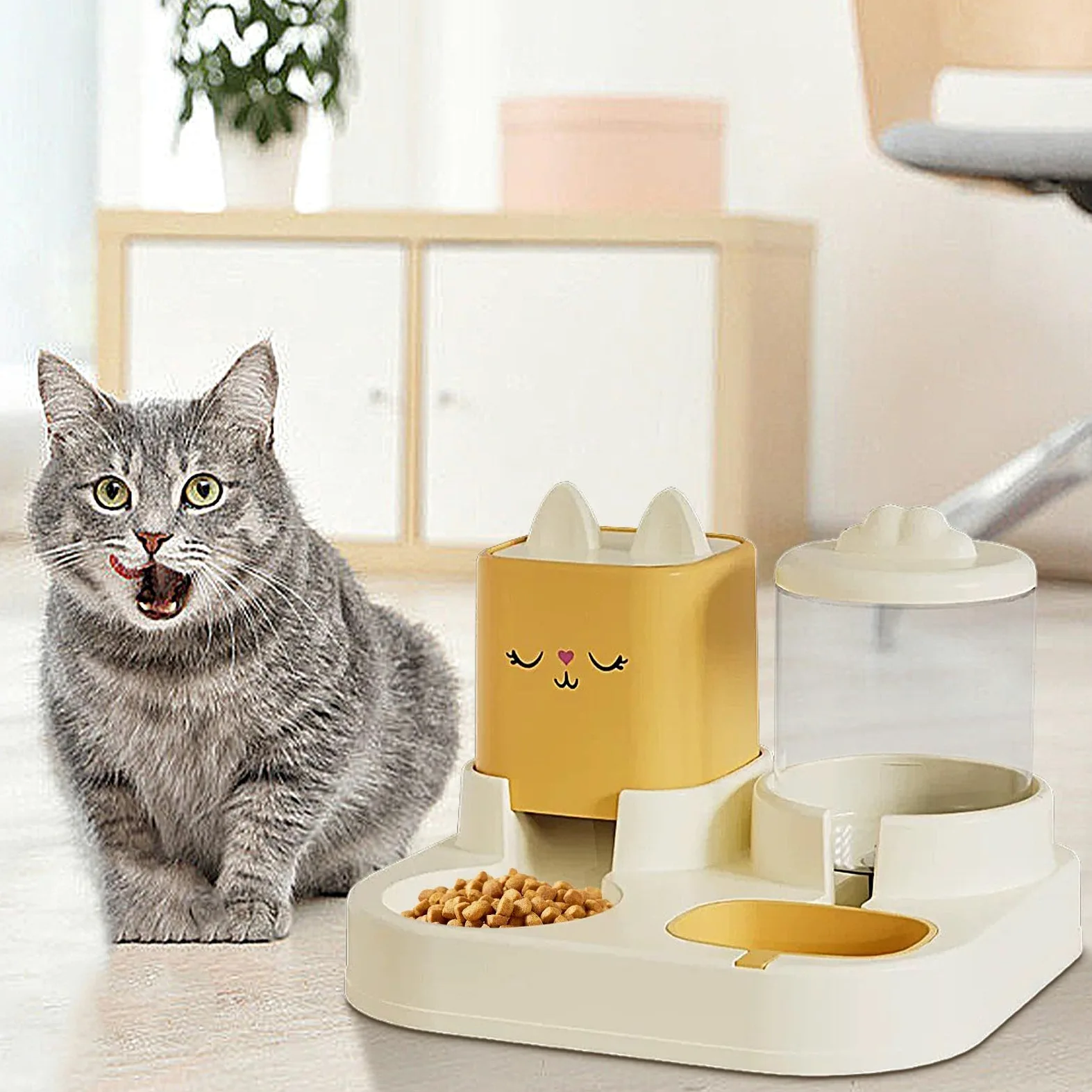 Comedero automático para Mascotas Juego de comedero y Bebedero for Gatos, comedero y Bebedero for Mascotas, Cuencos Dobles con Bebedero automático.(Yellow)