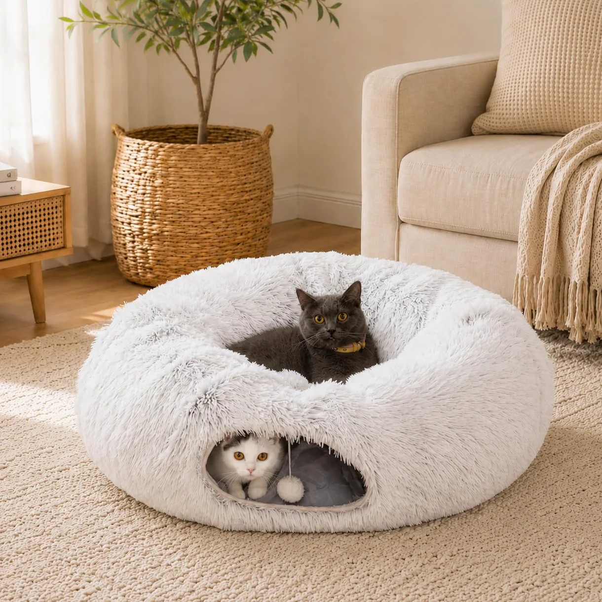 Cama de túnel para gatos grande con cojín lavable y bola de peluche de juguete gris-blanco de 3 pies