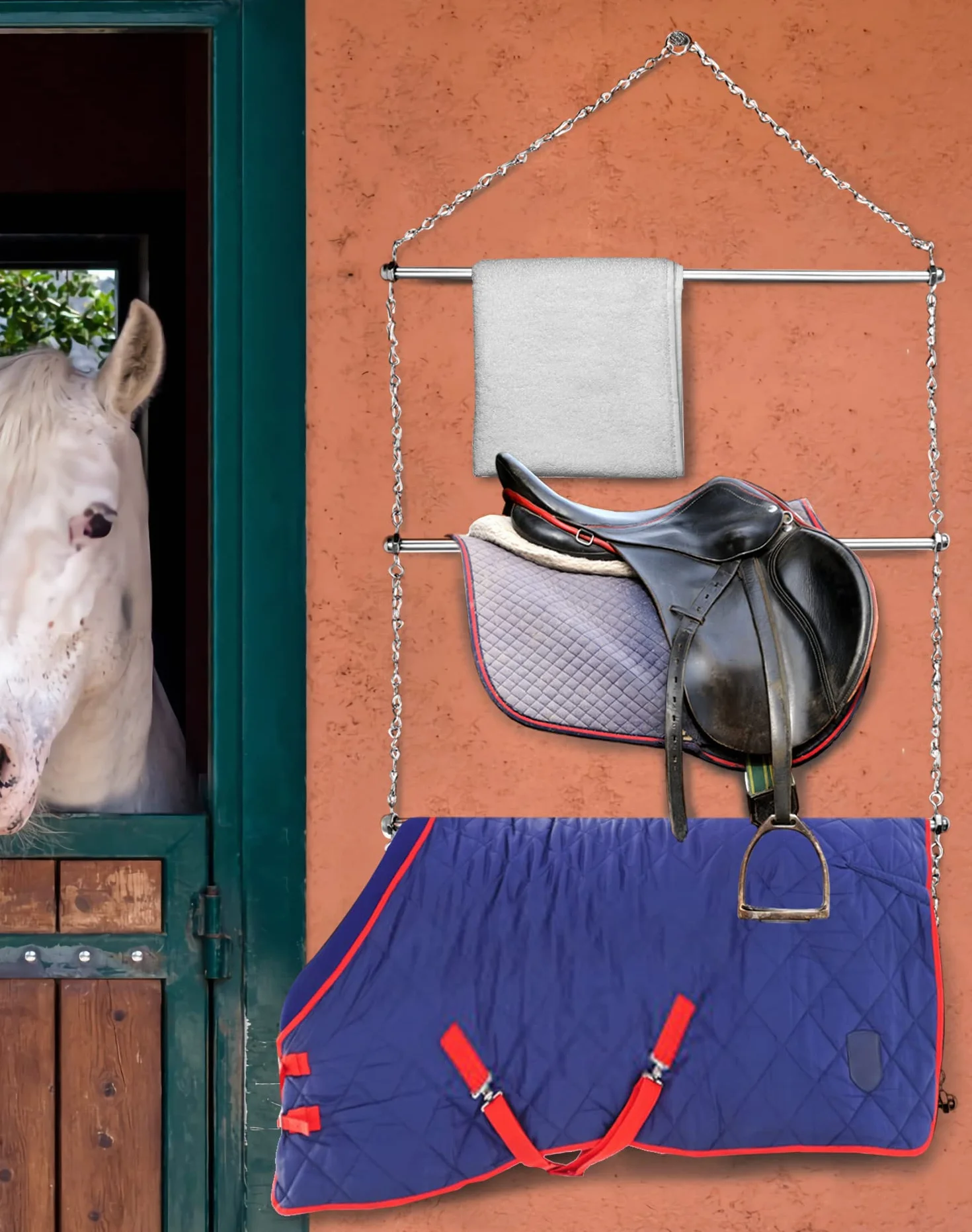 QWORK® Estante para Mantas de Caballos, 60 cm Acero Inoxidable 304 para Almohadillas para sillas de Montar, Almohadillas para Caballos y Toallas, construcción Resistente de 4 Niveles