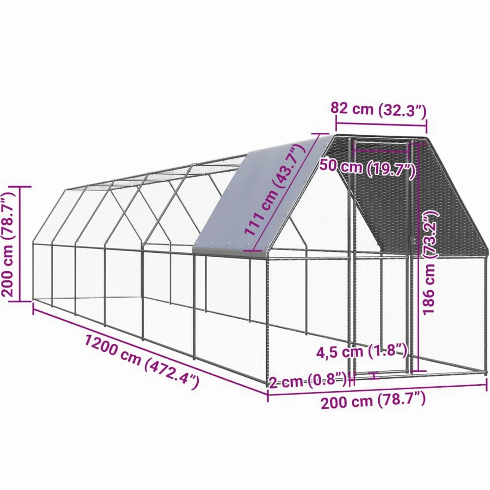 Jaula XXL para pollos, 2 x 12 x 2 m, de acero galvanizado, para exteriores, para pollos, patos y aves de corral, establo estable con techo y cerradura de puerta, pajarera para animales