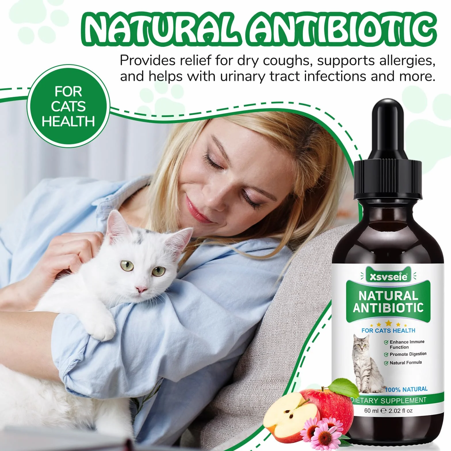 Antibióticos Naturales para Gatos, Antibióticos para Gatos, AntibióTico Natural para Gatos cistitis, Apoyo inmune y Cats Allergy Itch Relief, Health Supplies Cat UTI Antibióticos, 60 ml