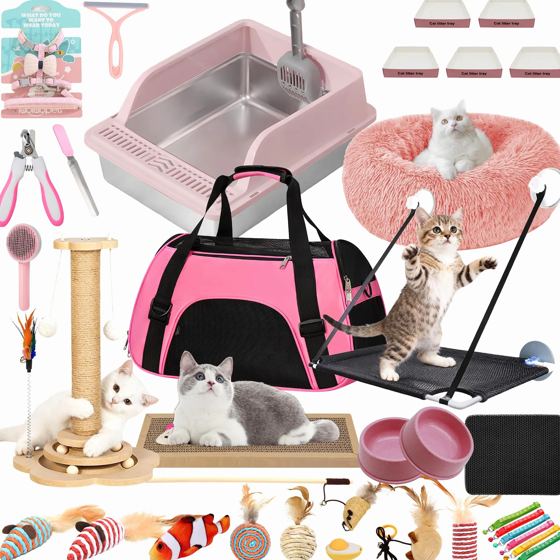 Kit de iniciación de gatitos de alta calidad de 36 piezas para gatos de interior, juego completo de artículos esenciales para gatos con caja de arena de acero inoxidable, bolsa de transporte, cama
