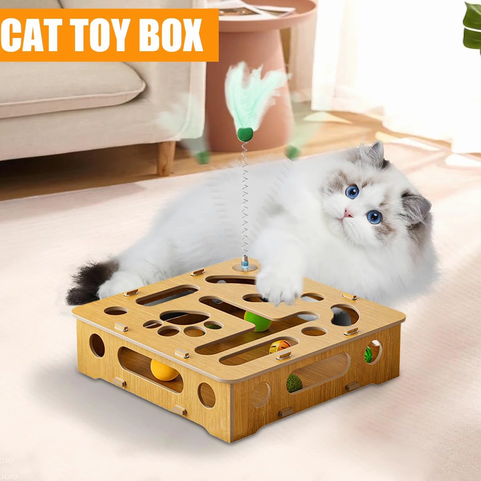 Juguete de rompecabezas para gatos, juguetes interactivos, caja de madera con plumas y bolas, para gatos de interior