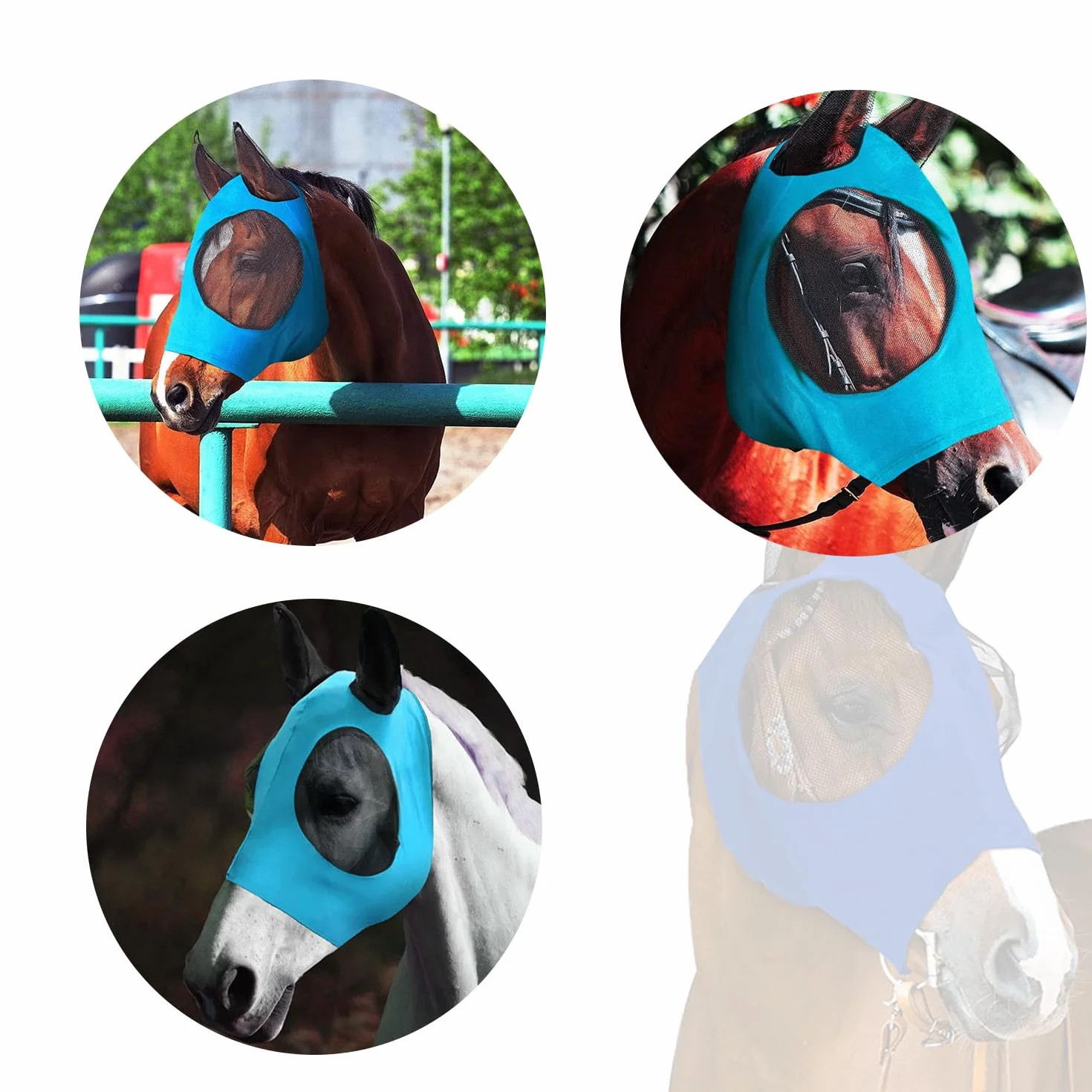 Máscara para Moscas de Caballos, Antimoscas con Cubiertas para los Oídos, Anti-UV, Reutilizable (Azul)
