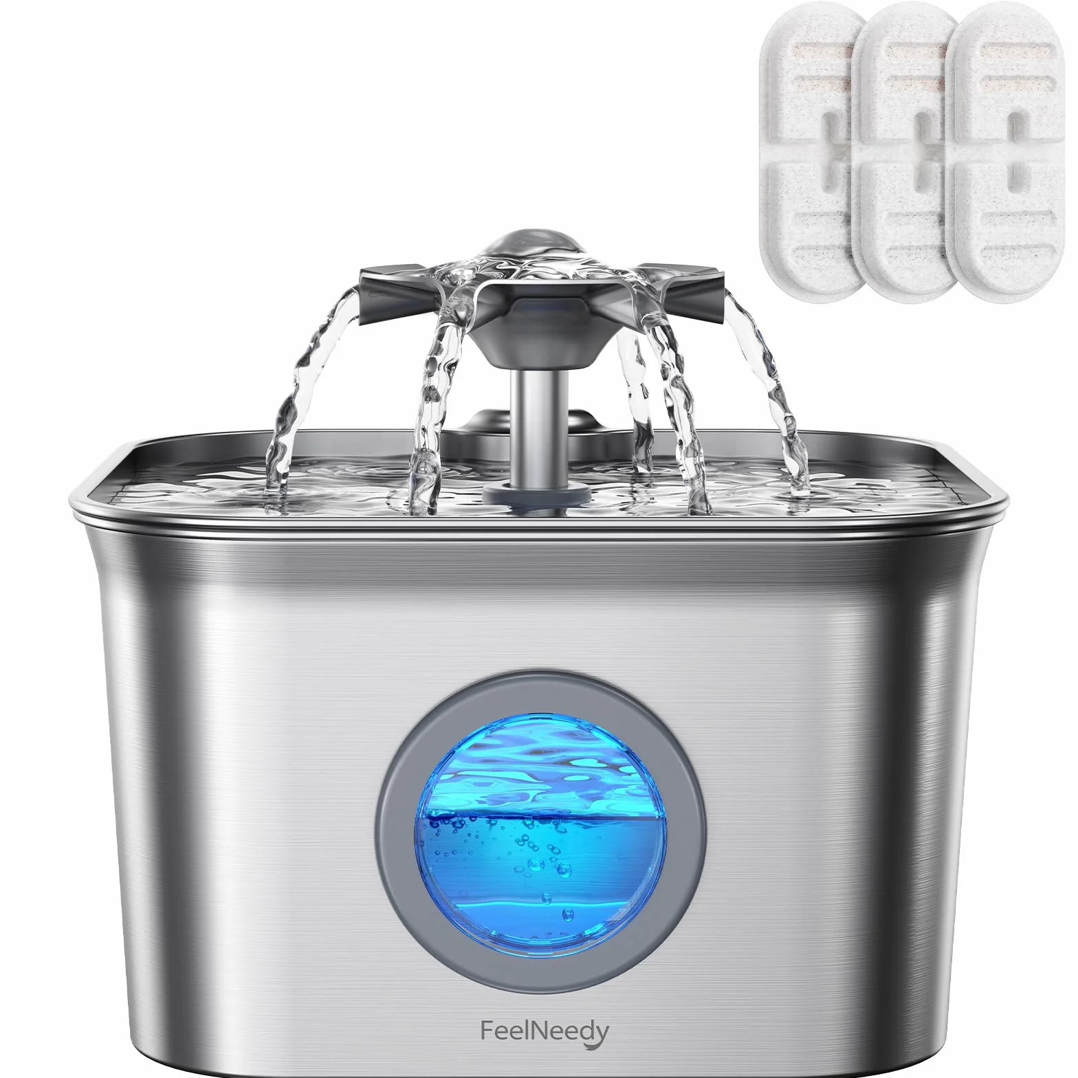 2.8L Fuente para Gatos Acero Inoxidable con 3 Filtros, FEELNEEDY Bebedero Gatos Ultra Silencioso, Filtración de Cuatro Capas, Fácil de Limpiar, Apta para Lavavajillas