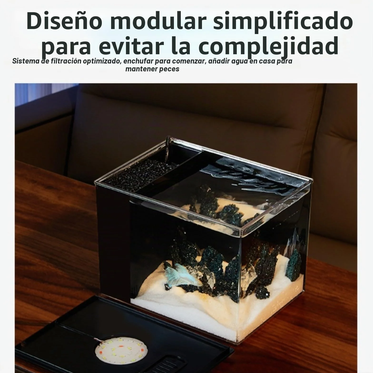 Acuario de mesa para el hogar con filtro lateral, filtración que mejora el oxígeno, bomba de flujo de 160 l/h, brillo ajustable de 10 niveles e iluminación LED (S)