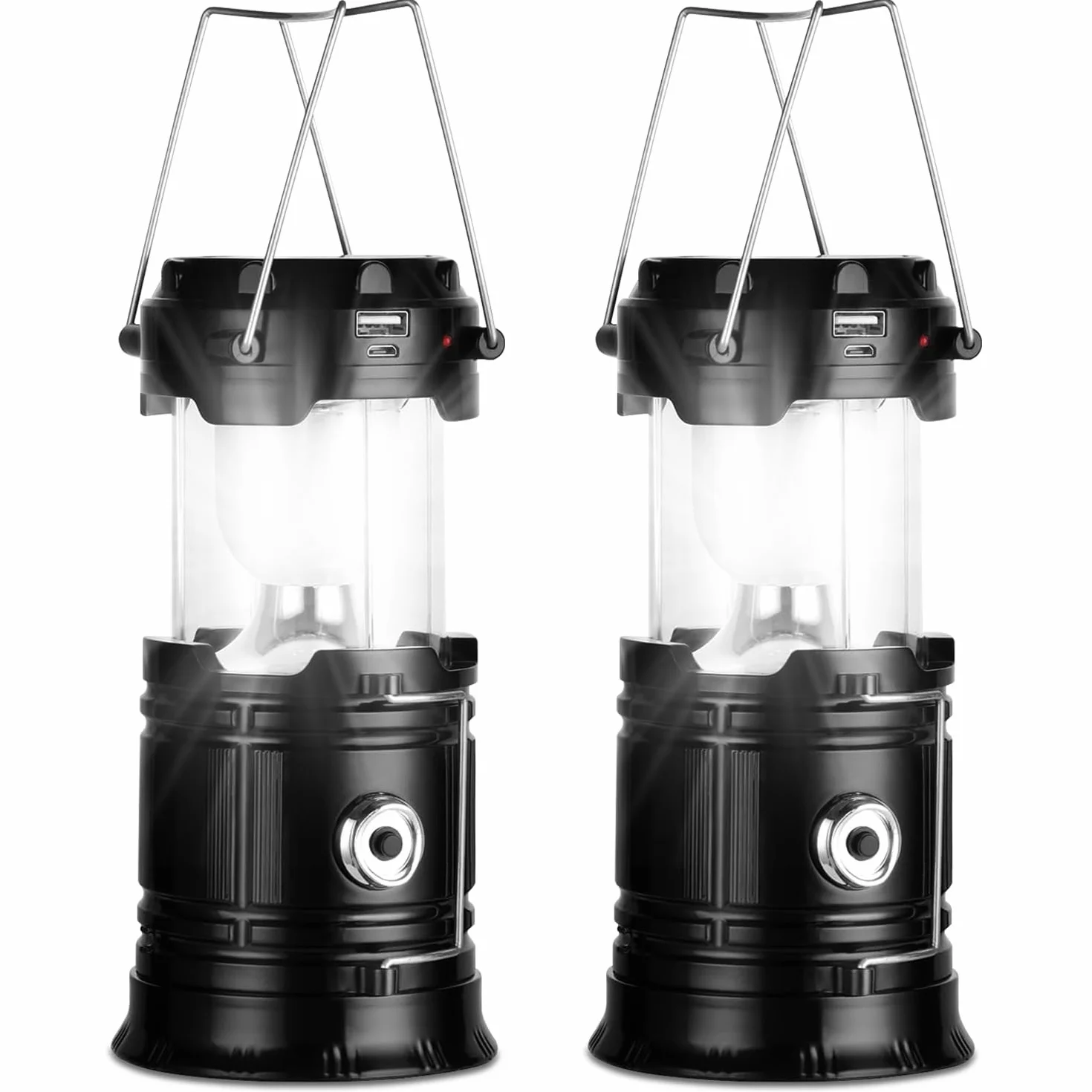 Linterna Camping Solar LED Plegable Impermeable con Gancho, Luz para Acampar, Negro