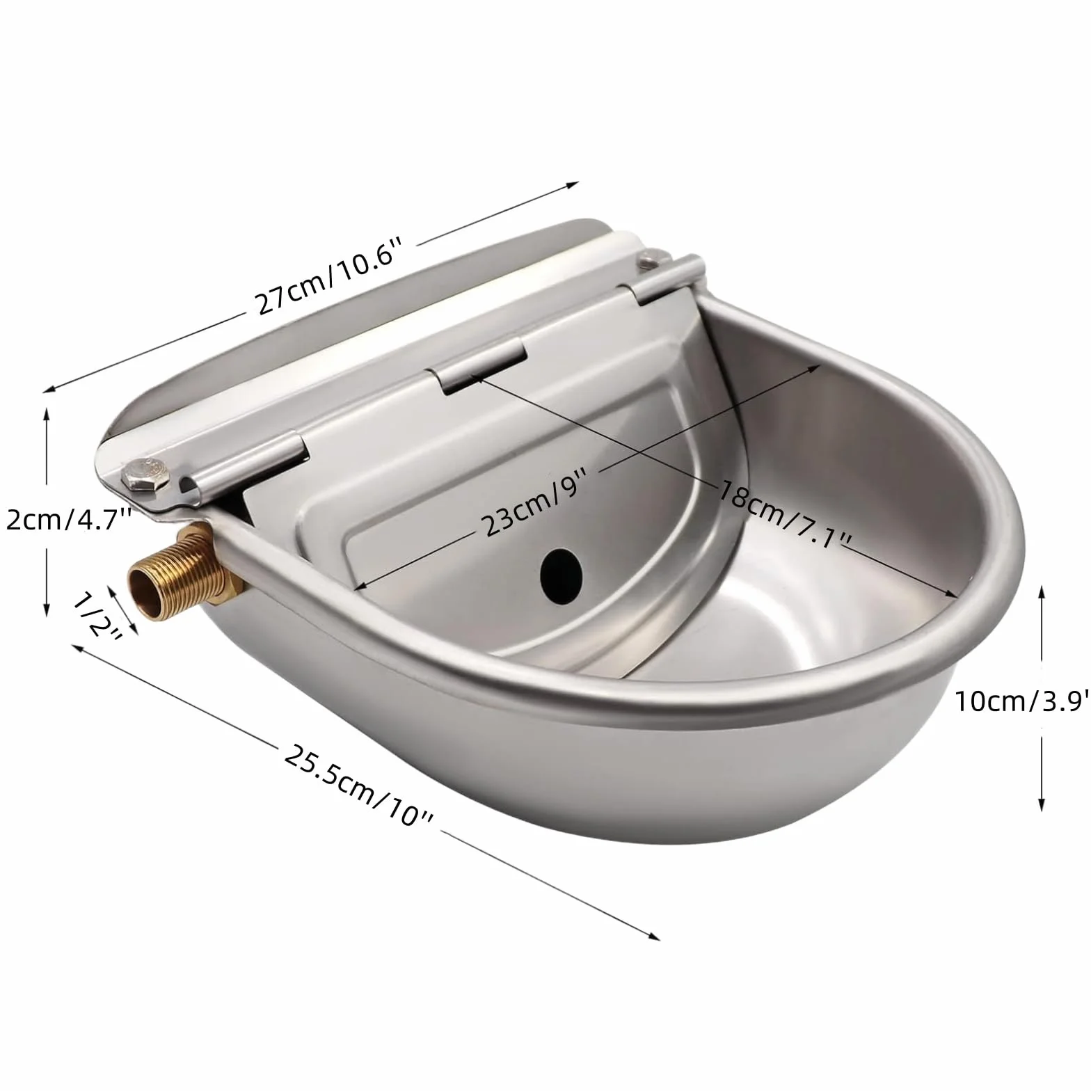 Bebedero para Caballos Automático Bebedero Perro Acero Inoxidable con VáLvula de Flotador de Latón Ajustable de 1/2" y Orificios de Drenaje para Ganado Caballo Vaca Cabra Oveja