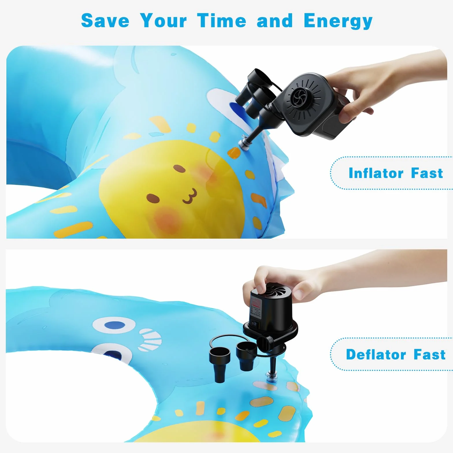 Bomba de Aire Eléctrica 220-240 V, 3 Boquillas, Infladora y Desinfladora para Colchones de Aire, Botes, Flotadores de Piscina