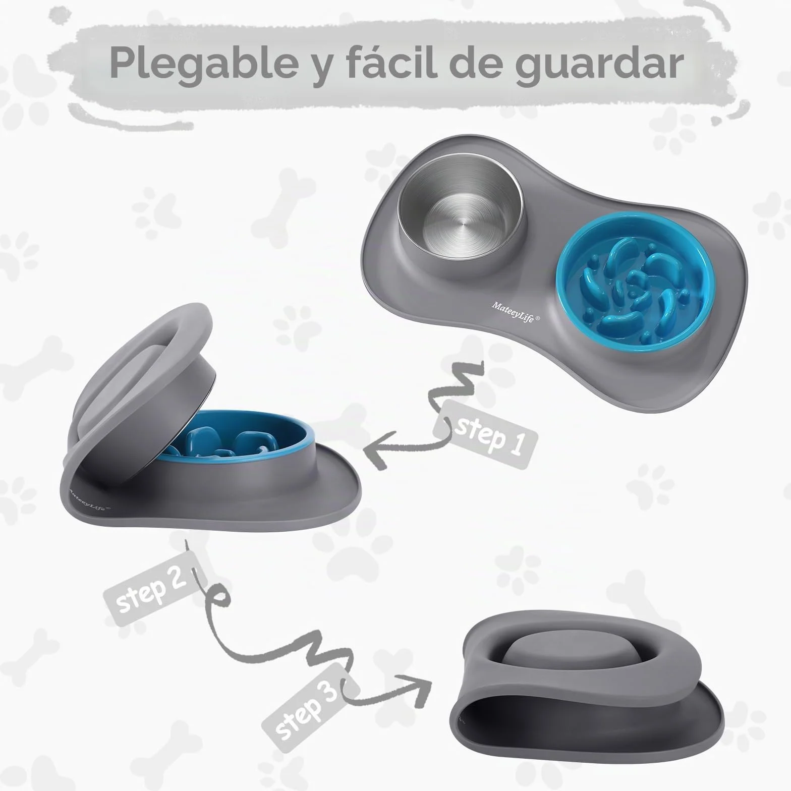 MateeyLife Juego de Boles para Perro 3 en 1, Comedero Antivoracidad Perro y Bebedero de Acero Inoxidable con Alfombrilla Antideslizante de Silicona, Cuencos para Perros de Todas Las Razas 43.7×25.9 cm