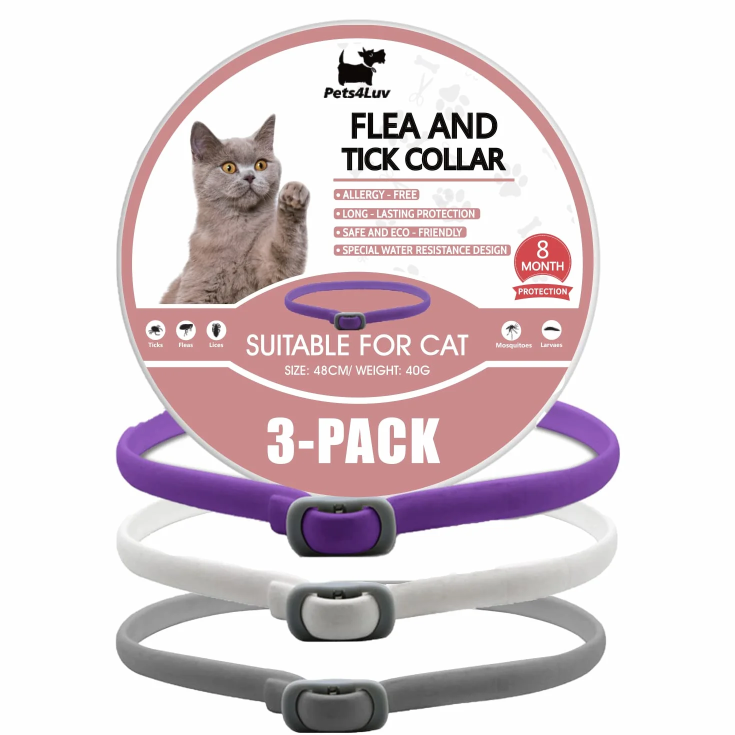Collar antipulgas y garrapatas Pets4Luv para Gatos, Talla única para Todos los Gatos, elaborado con aceites Esenciales, Seguro y eficaz para repeler pulgas y garrapatas, protección de 24 Meses, 3pc