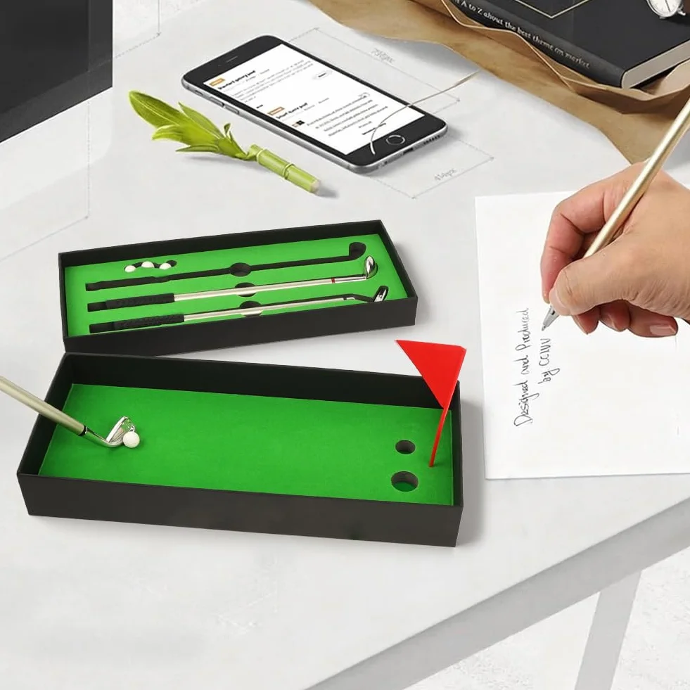 Golf Pen Set with Flag, Mini Golf Club Pen, 3 Pen Holders, 4 Balls, 9 Refills