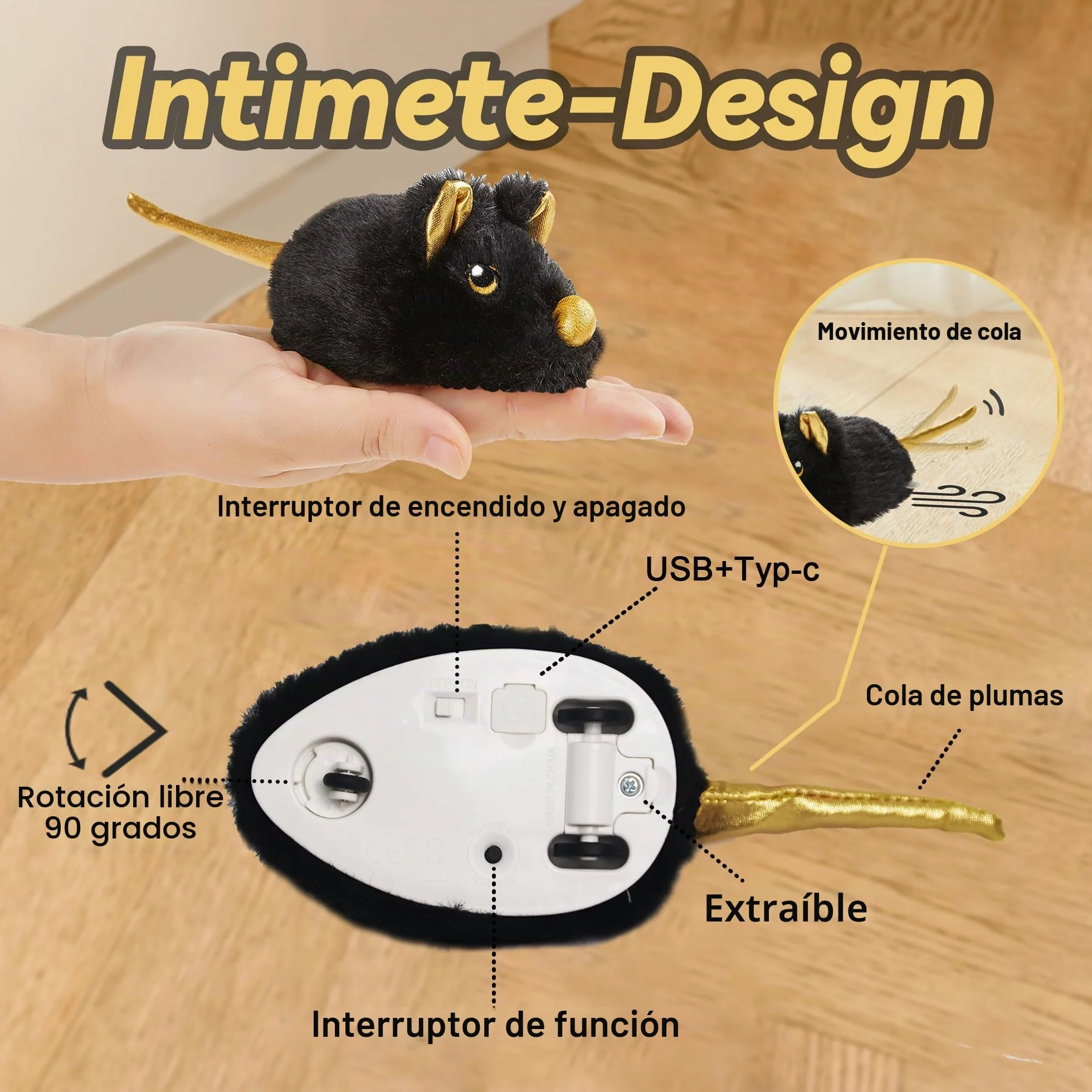 Vealind Juguete Eléctrico para Gatos, Ratón de Juego con Movimiento, Recargable por USB, Interactivo (Negro)