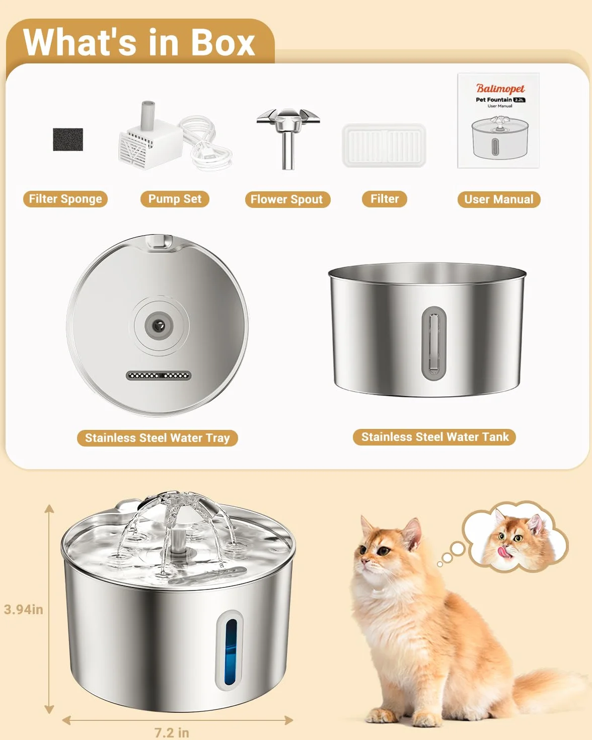 Fuente para Gatos Acero Inoxidable, 2,2L Bebedero Gatos con Cable Filtración Cuádruple, Ultra Silencioso, Fácil de Limpiar, con LED 3 Filtros y 3 Esponjas