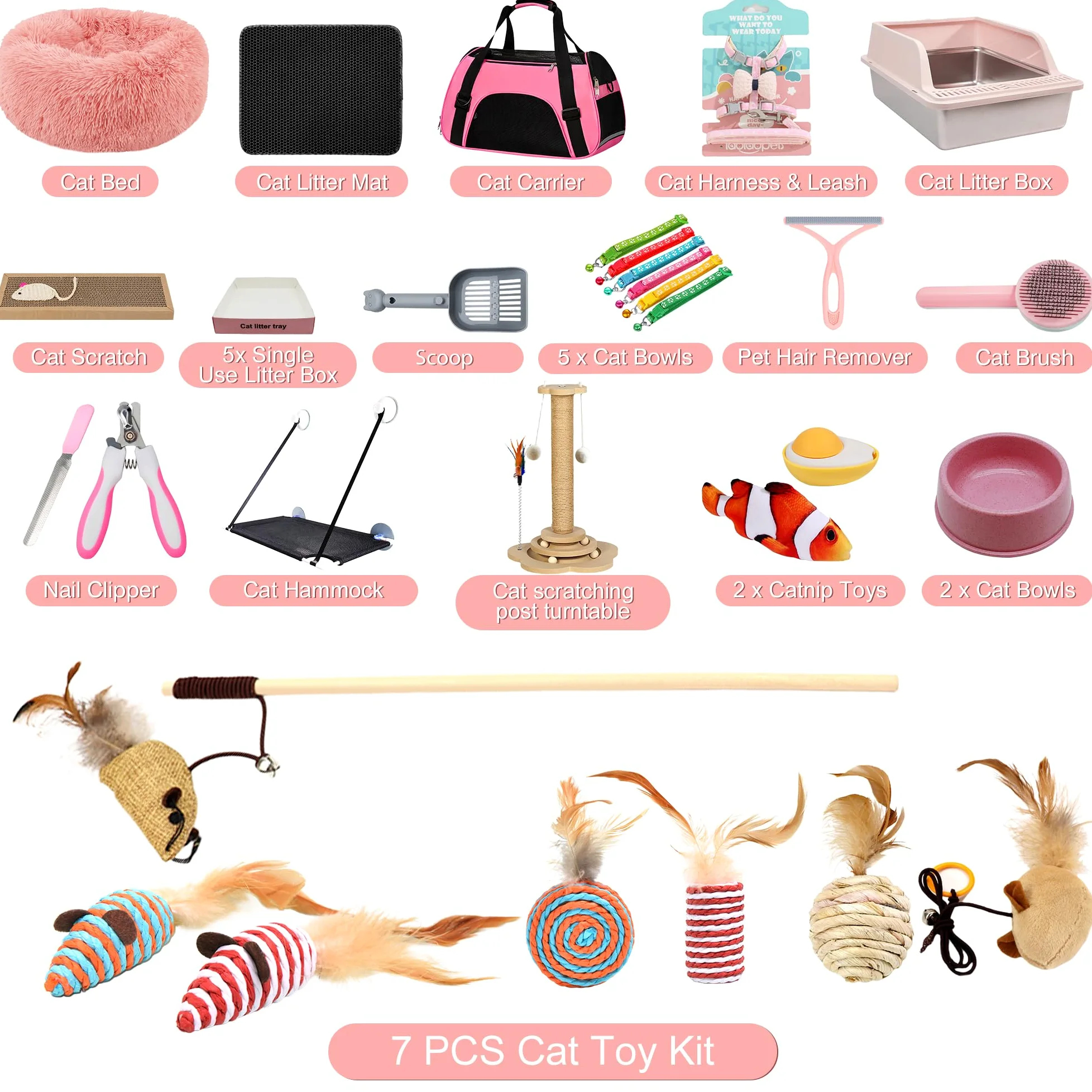 Kit de iniciación de gatitos de alta calidad de 36 piezas para gatos de interior, juego completo de artículos esenciales para gatos con caja de arena de acero inoxidable, bolsa de transporte, cama