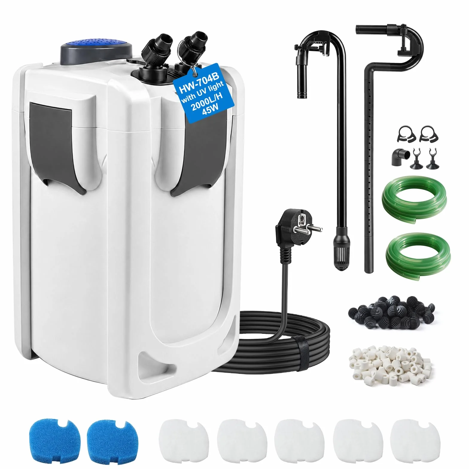 EXLECO Filtro Externo Acuario con Lámpara 9W UVC 2000L/H 45W Filtro Pecera Flujo Ajustable con Material Filtrante y Manguera Acuario Tubo, Bomba de Filtrar Aquário para Pecera