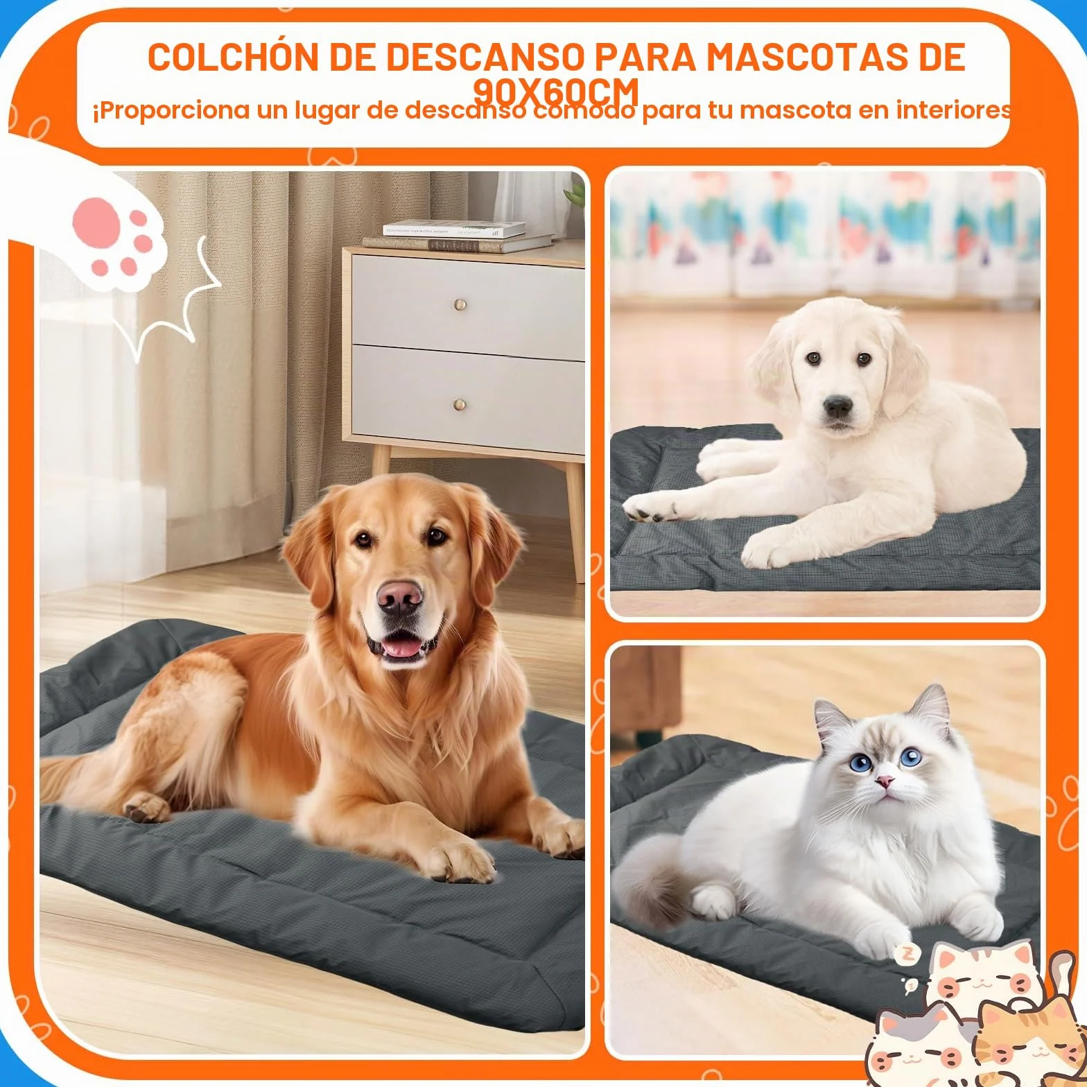Cama Perro Mediano y Pequeño Antideslizante y Antiestres Colchon Perro Mediano Alfombra Perro Cama Perro Lavable Colchon Impermeable Dog Bed para Viajes, Camping, Exterior (Gris, 90x60 cm)