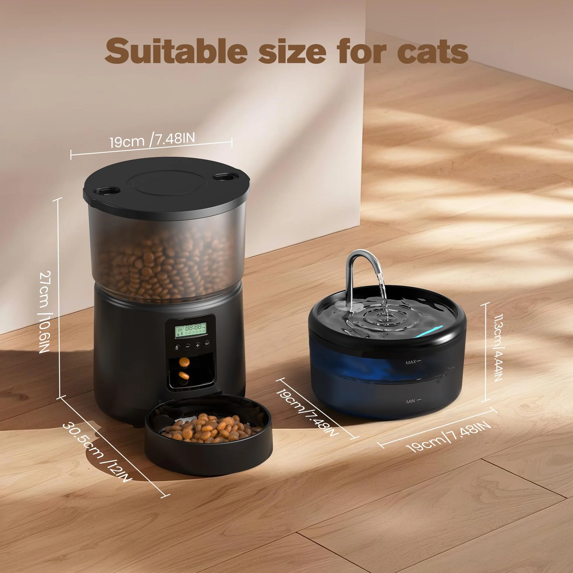 Comedero Gato Automatico y Fuente para Gatos: Dispensador Comida Gatos con Programable Temporizador 6 Comida al Día - 3L Alimentador Perro y 2.4L Bebedero para Pequeño/Mediano Mascota - 10S Grabación