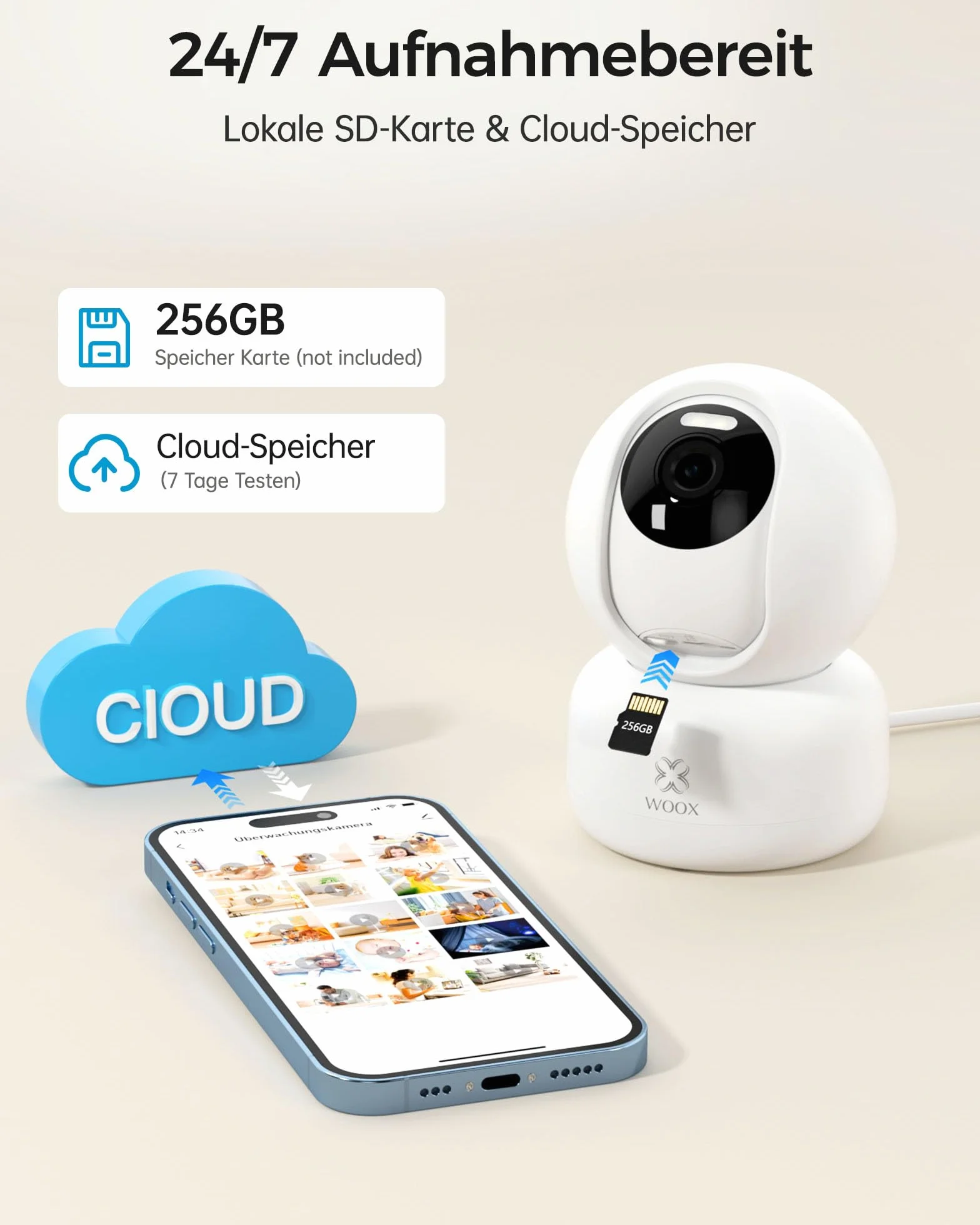 Woox Cámara de seguridad para interiores, 2K, Wi-Fi de 360°, cámara interior para perros con visión nocturna en color, reconocimiento de gritos personal/bebé, seguimiento de automóviles, audio