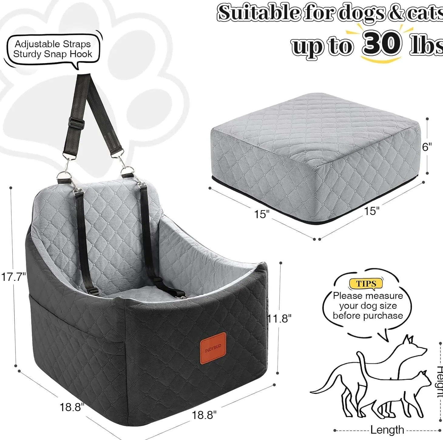 Asiento elevador de coche para perros de hasta 35 libras, asientos de seguridad para mascotas con canal para cinturón de seguridad, tela ultrasuave con espuma viscoelástica, lavable y