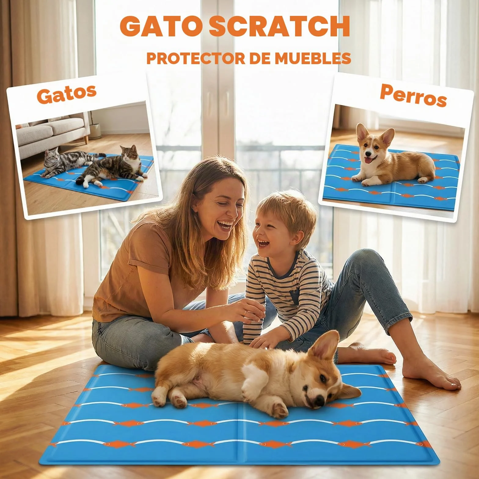 Qoosea Alfombra Refrescante para Perros y Gatos 50x65cm - Diseño Peces y Olas, Colchón Enfriador Autorefrescante, Impermeable y Plegable para Casa Coche y Viajes