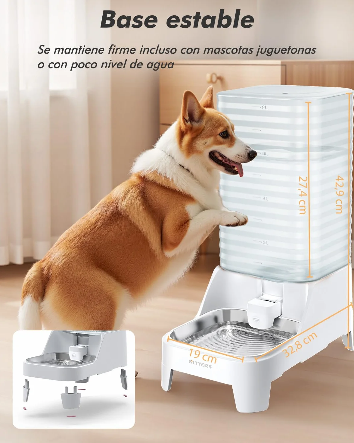 8L Bebedero Gatos por Gravedad con Grifo Patentado, Comedero Gato automático con Filtro y Base Ajustable, Boca Ancha para fácil Limpieza, Materiales Aptos para Alimentos
