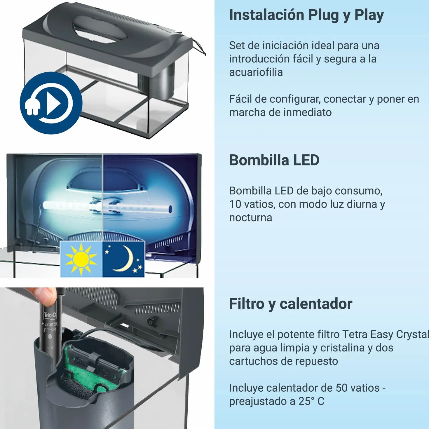 Tetra Starter Line LED 54L Acuario de inicio grande, bombilla LED con modo luz diurna/nocturna