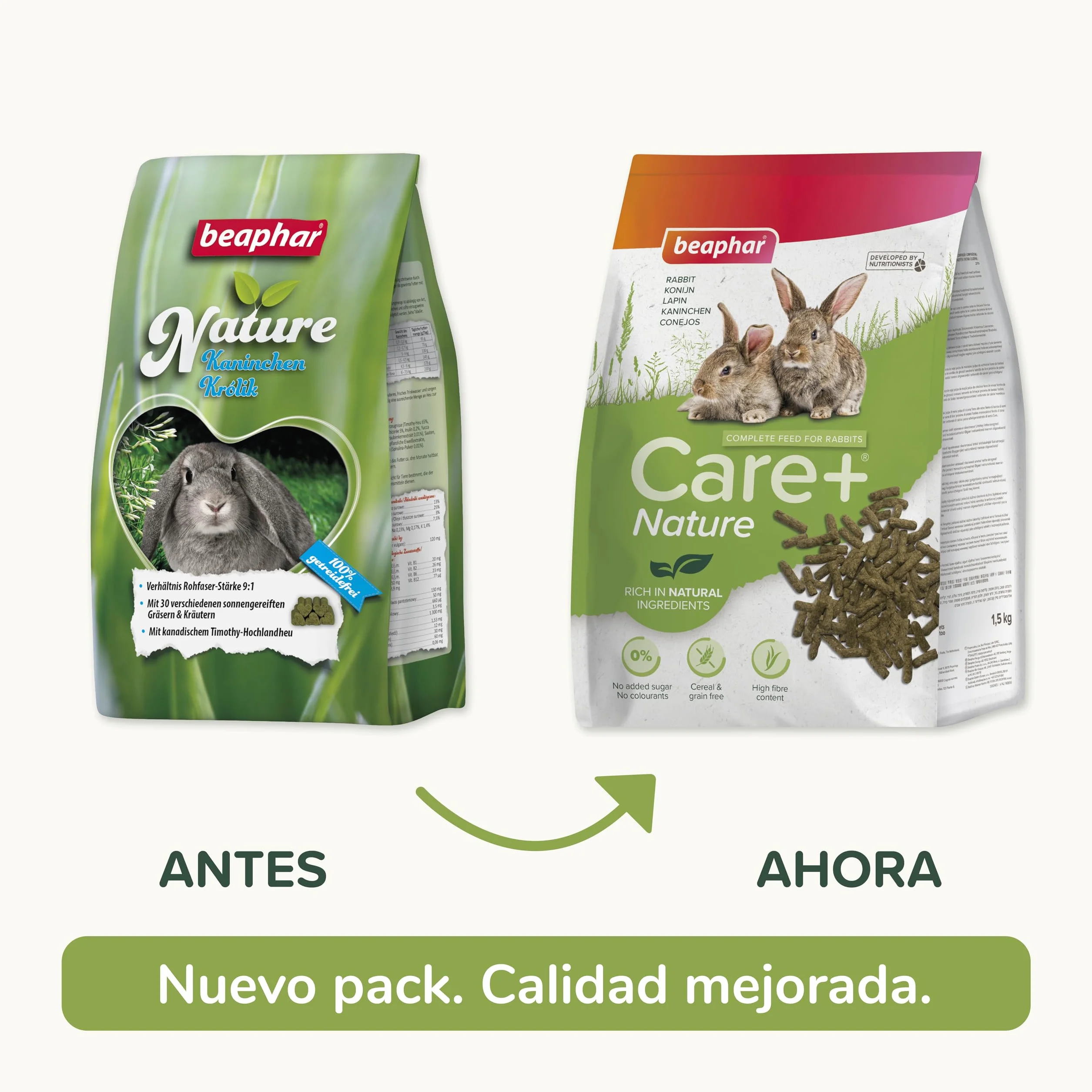 Beaphar Care+® Nature Conejo - Alimento Natural para Conejos sin Cereales, Rico en Fibra y heno Timothy - pellets Todo en uno - 1,5 kg